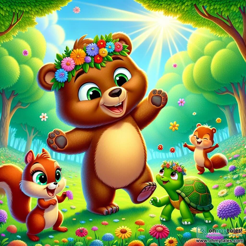 Benny, a small brown bear with sparkling eyes and a bright smile, stands in a sunny clearing wearing a colorful flower crown and laughing with joy. To his right, Sally, a little squirrel with reddish fur and bright eyes, dances around him enthusiastically with her little paws in the air. To his left, Timmy, a turtle with a shiny green shell, smiles gently while sitting on the grass and weaving flowers into his own crown. The setting is a lush clearing surrounded by majestic trees with vibrant leaves, sprinkled with multicolored flowers dancing in the gentle breeze under a clear blue sky. The main scene shows Benny and his friends celebrating spring, laughing and dancing together, surrounded by the beauty of nature, sharing a moment of joy and friendship.