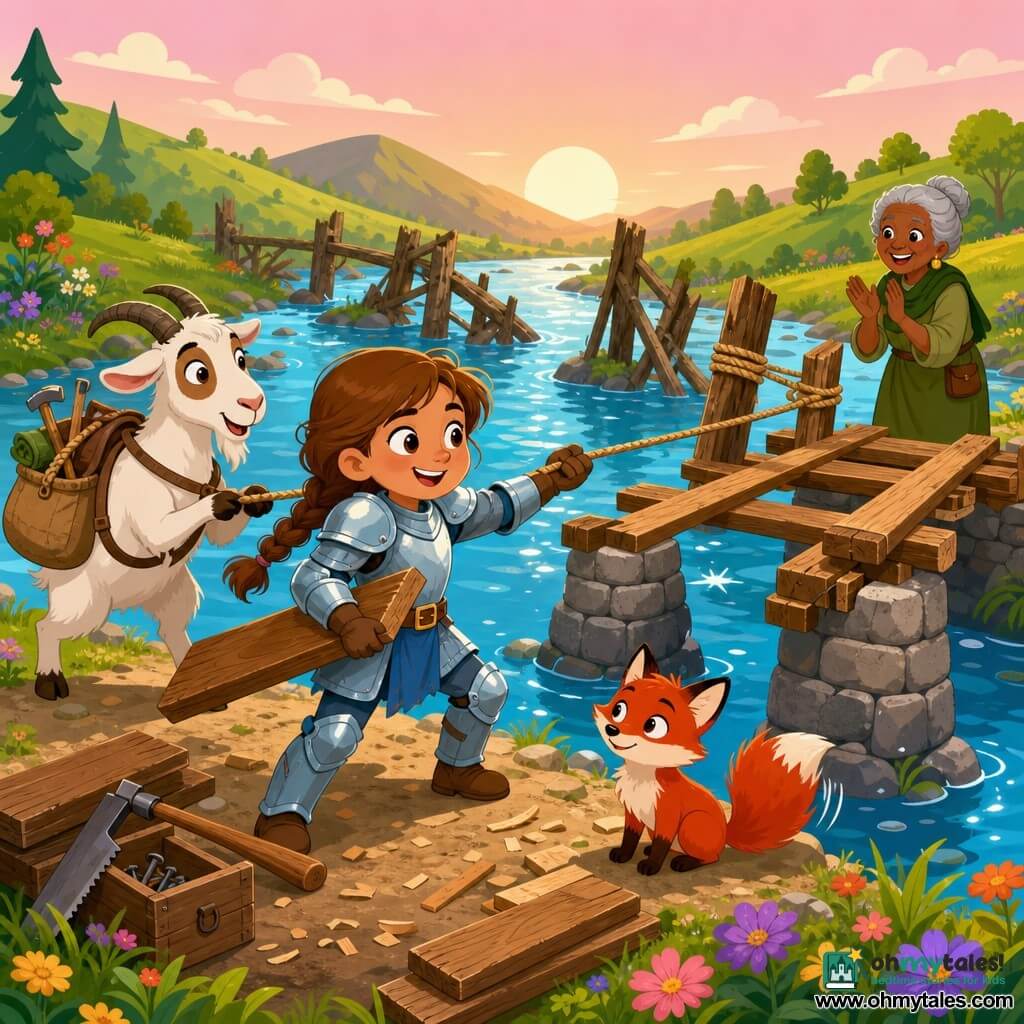 A brave smiling young female knight with a round face and light brown braid, in light blue-and-silver armor, holding a wooden plank and pulling a rope in a determined joyful pose; a small lively red fox with mischievous eyes sits near her feet, bushy tail moving; a friendly white goat with brown spots and a pack on its back stands left of her helping pull a rope; an elderly woman of about 70 with gray hair in a bun and simple olive clothes smiles and claps from the right riverbank of the half-built wooden bridge; setting: a wide sparkling river with flowered banks and round stones, remains of an old broken wooden bridge at center, green hills and a pale pink sunset sky; scene: bright collaborative bridge reconstruction with planks on sturdy stone piers, taut ropes, wood chips and tools visible; graphic style: simple shapes, flat colors, clean outlines, warm high-contrast palette and very readable facial expressions for children.