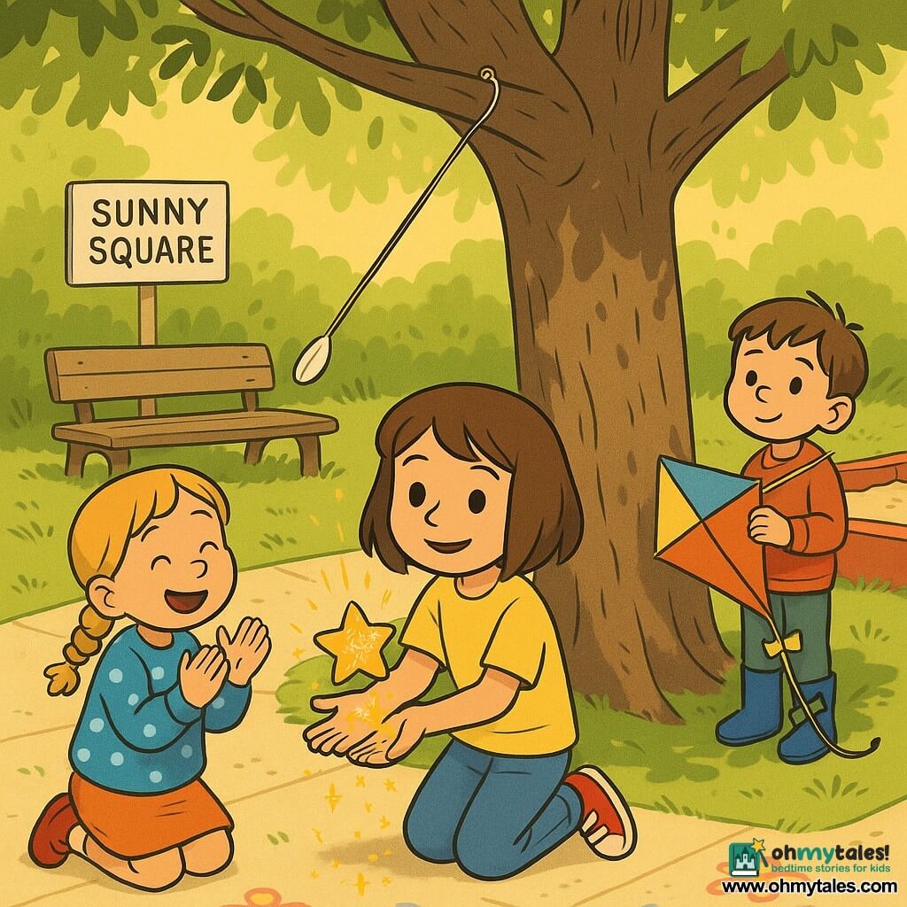 Three children: Mila, about 7, brown bob, calm eyes, yellow t-shirt, kneeling under a low branch at the center holding a long string with a plastic spoon attached; Josie, about 7, blonde braids, blue polka-dot vest, to Mila’s left, smiling and clapping, ready to catch the cookie; Ben, about 5, light brown hair, blue rain boots, slightly behind on the right holding a kite and watching the branch with a guilty yet proud look. Location: a small park called Sunny Square with light paving and grass, a large rough-trunked tree with low branches, a worn wooden bench, a red sandbox in the back, colorful chalk drawings on the path, soft afternoon light and dancing leaf shadows. Main moment: a star-shaped cookie dusted with tiny yellow sprinkles falls from the branch into Mila’s hands as sprinkles rain down, the crumpled cloth still caught in the fork of the wood and the spoon on the string has brushed the branch, the children’s faces showing joy and relief.