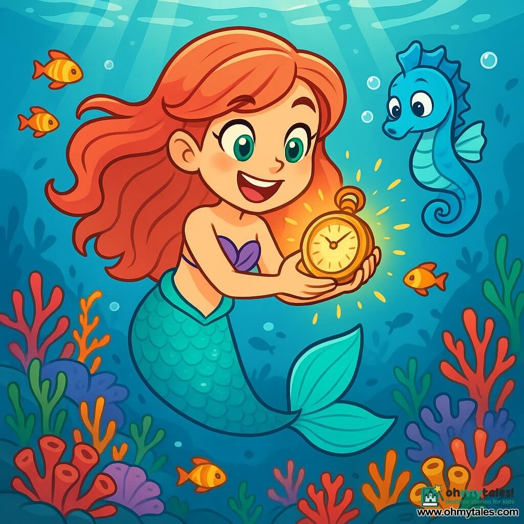 A joyful mermaid with shimmering turquoise scales and long coral-colored wavy hair swims enthusiastically in a bright ocean. Her face radiates excitement and curiosity, with mischievous emerald eyes as she holds a beautiful golden watch glowing with a magical light. Next to her, a small seahorse named Bubbles, with bright blue scales and round sparkling eyes, joyfully floats, fascinated by the watch while blowing air bubbles, adding a playful touch to the scene. The backdrop features a vibrant coral reef filled with colorful corals, tropical fish swimming around, and rays of light filtering through the water's surface, creating a magical spectacle. The main focus shows the mermaid and Bubbles discovering the magical watch, surrounded by the brilliance of corals and fish, ready to dive into an incredible adventure.