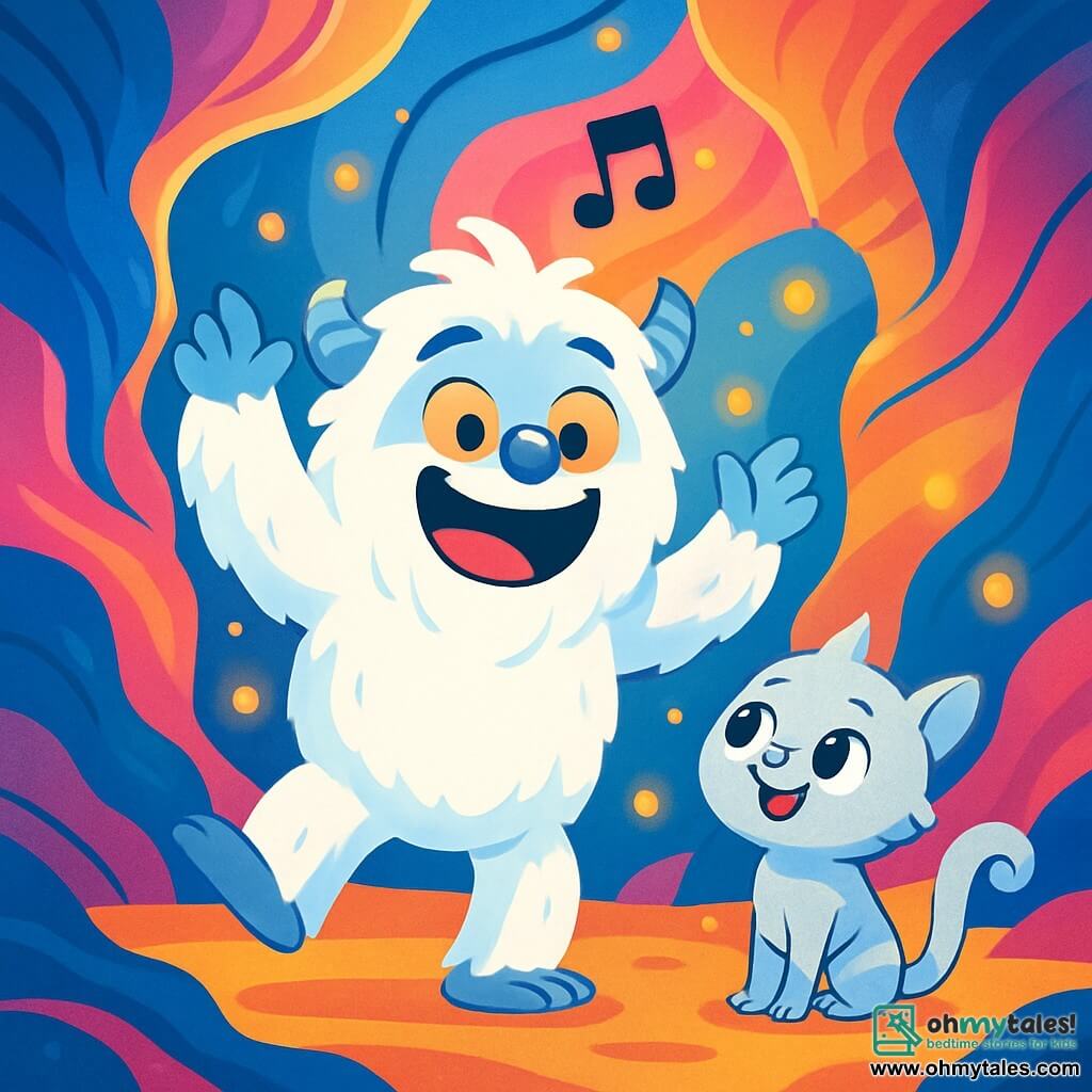 A soft and fluffy yeti with bright white fur and shining golden eyes stands at the center of the scene, displaying a wide joyful smile. It dances enthusiastically with its arms raised to the sky, surrounded by vibrant colors. Next to it is a small magical being named Finn, with sparkling silver fur and a long curled tail, watching the yeti with admiration, its eyes sparkling with happiness. The setting is a beautiful canyon with shimmering walls, where bright colors of blue, pink, and gold blend together, creating a magical atmosphere. Floating lights dance around them, adding a fairy-tale touch. The main scene shows the yeti and Finn singing together, united in a joyful melody, while the canyon walls vibrate with color and music, symbolizing harmony and friendship.