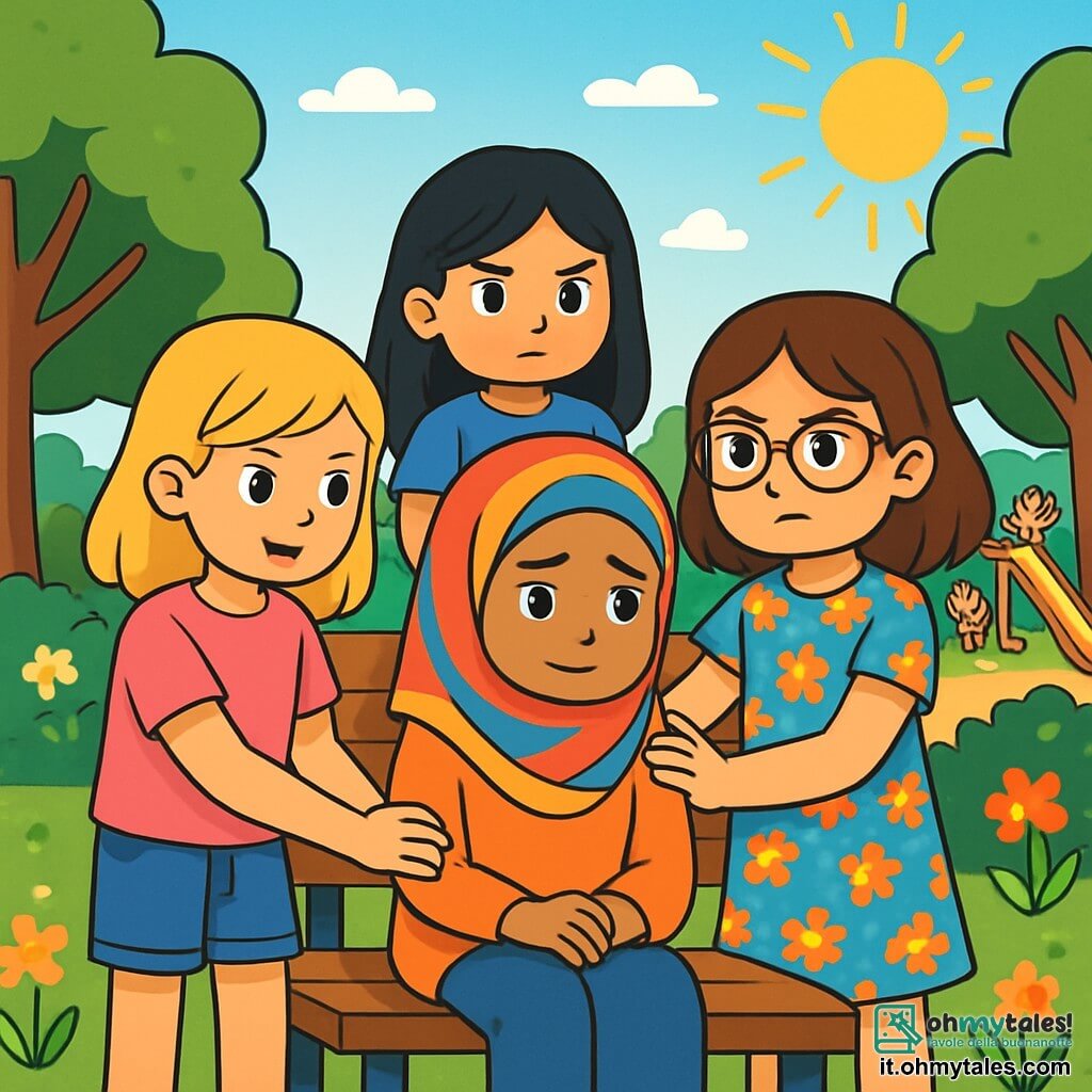 Ci sono 4 bambini: Amina, una ragazza di 10 anni con capelli castani e ricci, indossa un bel velo colorato e si trova al centro con un leggero sorriso, ma i suoi occhi rivelano una piccola tristezza. Sara, anche lei di 10 anni, ha capelli biondi e lisci, indossa una maglietta rosa e pantaloni di jeans, e si trova a sinistra di Amina tenendole la mano. Giulia, di 10 anni con capelli castani e occhiali, indossa un vestito a fiori ed è a destra di Amina, con uno sguardo determinato. Sofia, una ragazza di 10 anni con capelli neri e lisci, indossa una maglietta blu e pantaloni, e si trova dietro Amina con le braccia incrociate, mostrando solidarietà. La scena si svolge in un parco soleggiato con alberi verdi, fiori colorati e una panchina di legno. Amina è circondata dalle sue amiche che la sostengono dopo che è stata presa in giro da altri bambini, e i loro volti esprimono empatia e determinazione, mentre il sole splende, simboleggiando speranza e amicizia.