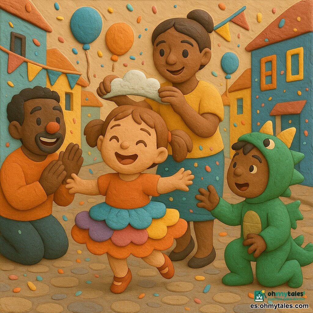 Vera, niña de 4 años, alegre y asombrada, de rostro redondo y coletas castañas claras, lleva una falda en capas que parece una nube de colores; danza con los brazos abiertos mientras extiende la mano para ayudar a Hugo, un niño de 5 años disfrazado de pequeño dragón que se incorpora sorprendido pero contento; detrás, la madre de unos 30 años, sonriente y con el pelo recogido, sujeta una diadema-nube; el padre, de unos 32 años y de aspecto cálido con una pequeña nariz roja de payaso, aplaude desde la izquierda. La calle empedrada está flanqueada por casas coloridas, guirnaldas y globos, y confeti multicolor cae bajo la cálida luz del atardecer; texturas suaves y huellas como de plastilina sugieren una escena festiva centrada en la ayuda y la danza.