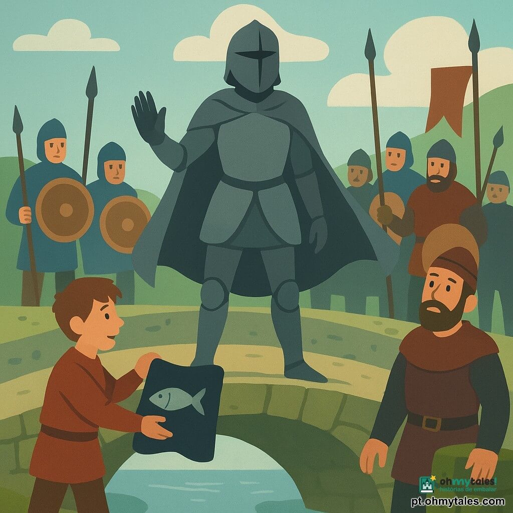 Uma cavaleira de elmo fechado, no centro da ponte, calma e resoluta, armadura prateada fosca e capa cinza ao vento, mão direita levantada em gesto de parada; um menino de ~10 anos (Tomé) à sua frente esquerda segura um pano escuro com um peixe prateado bordado, ofegante mas orgulhoso; um capitão de Pedra Clara (~40) com cota de malha castanho-avermelhada, expressão surpresa, à direita junto a pedras musgosas; um capitão de Vale Negro (~45) em couro preto e sobretudo azul-escuro, sobrancelhas franzidas, à esquerda a poucos passos, mãos vazias; soldados mistos formam semicírculos atrás dos capitães, lanças e escudos erguidos mas relaxados, hesitantes e curiosos; ponte de pedra antiga sobre rio prateado, pedras largas com musgo, leve névoa, bandeiras desbotadas e estacas de madeira quebradas nas margens; cena de confronto suspenso pela prova revelada (o pano do menino), tensão se dissipando, luz suave da manhã atravessando a névoa, paleta de cores planas e contrastadas e formas simples, estilo cartaz infantil.