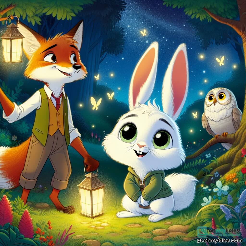 Um pequeno coelho chamado Tobias, com pelagem branca como a neve e grandes orelhas, está no centro da cena, com os olhos arregalados e um sorriso tímido no rosto, olhando para o céu estrelado. Ao seu lado, sua melhor amiga, a raposa Fiona, com pelagem ruiva brilhante e olhos cintilantes, pisca para ele enquanto segura uma lanterna que ilumina seus rostos, mostrando sua alegria e apoio. Um pouco mais longe, a sábia professora Lila, uma coruja de penas marrons e olhos sábios, está empoleirada em um galho, observando a cena com um sorriso benevolente, pronta para compartilhar histórias. A cena se passa em uma floresta mágica, onde grandes árvores com folhas verdes brilhantes se erguem em direção ao céu, e vaga-lumes dançam ao redor, criando uma atmosfera encantadora. O chão está coberto de musgo macio e flores coloridas que brilham sob a luz da lanterna. A situação principal mostra Tobias, um pouco nervoso, mas determinado, olhando as estrelas cintilantes no céu noturno, enquanto seus amigos o encorajam a superar seu medo do escuro, criando uma atmosfera de camaradagem e coragem.