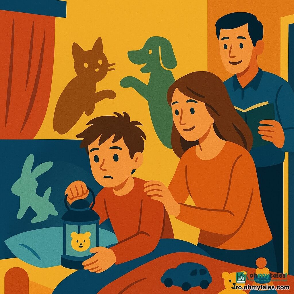 Un băiat de 10 ani, cu părul brun ciufulit și ochi curioși, stă pe pat, privind cu o expresie de ușoară îngrijorare spre un colț întunecat al camerei sale. Ține în mână o lanternă mică albastră decorată cu un autocolant cu urs. O femeie de treizeci de ani, cu păr lung și castaniu, stă lângă pat, zâmbitoare și liniștitoare, punând o mână blândă pe umărul băiatului. Un bărbat de treizeci de ani, cu păr scurt și negru, stă lângă ușă, ținând o carte deschisă, gata să spună o poveste. Camera este caldă și colorată, cu pereți decorați cu desene de animale și jucării împrăștiate pe podea. Situația principală arată băiatul folosind lanterna pentru a proiecta umbre în formă de animale pe perete, transformându-și temerile într-un joc de umbre amuzant și liniștitor.