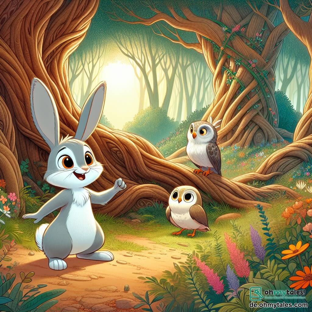 Ein kleiner grauer Hase namens Max mit großen neugierigen Augen und langen Ohren steht vor einem riesigen Baum, die Pfoten aufgeregt erhoben, bereit, einen versteckten Schatz zu entdecken. Neben ihm sitzt eine braun-weiße Eule namens Emma, die auf einem Ast sitzt und Max mit einem schelmischen Lächeln ansieht, ihre Augen glänzen vor Intelligenz, während sie ihm mit einem Flügel den Weg zeigt. Der Ort ist ein verzauberter Wald, gefüllt mit dicken, knorrigen Baumstämmen, bunten Blumen, die im Wind tanzen, und Sonnenstrahlen, die durch das dichte Laub filtern und eine magische, warme Atmosphäre schaffen. Die Hauptsituation zeigt Max und Emma, die ungeduldig und entschlossen sind, sich auf die Erkundung des großen Baumes vorzubereiten, um den geheimnisvollen Schatz zu finden, umgeben von der Aufregung des bevorstehenden Abenteuers.