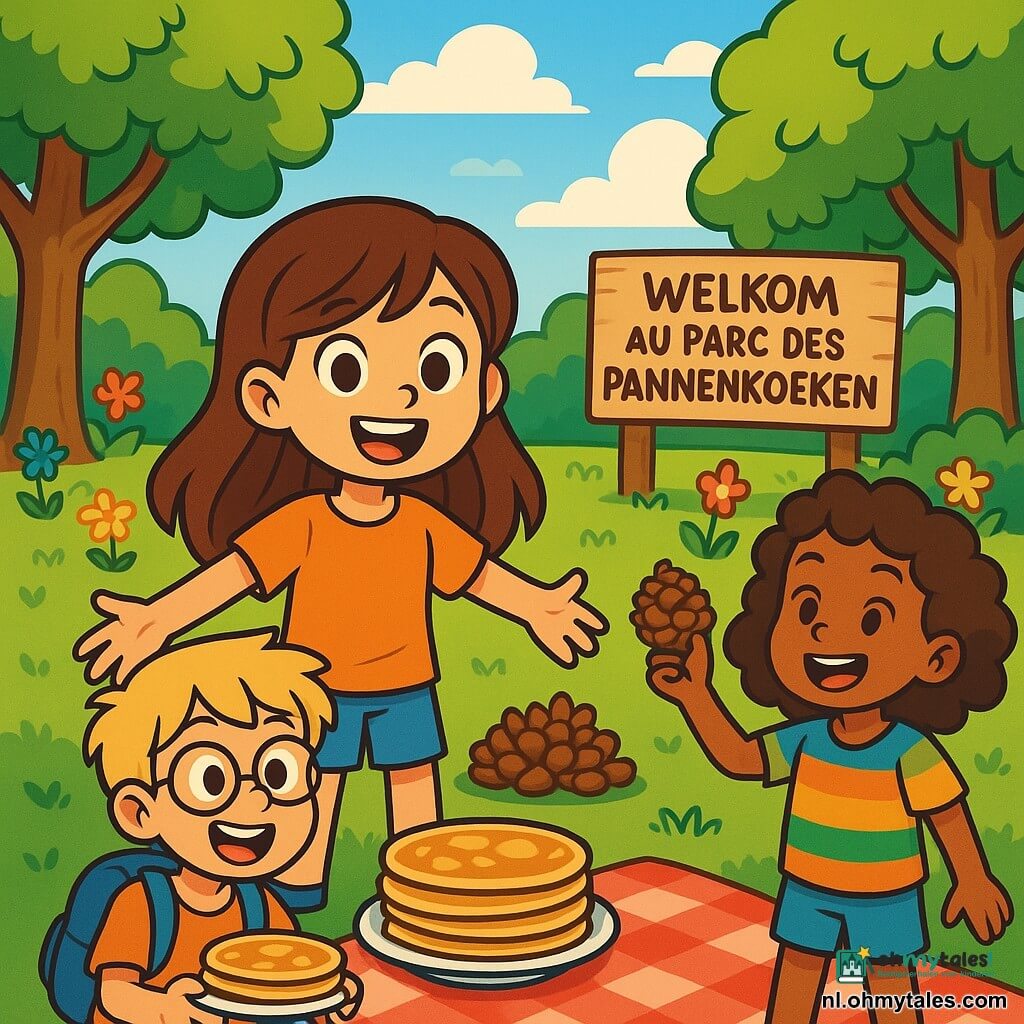 Een 10-jarig meisje, Lotte, met lange bruine haren en nieuwsgierige ogen, staat in het midden van een zonnig park met een grote glimlach en open armen, alsof ze een nieuwe vriend verwelkomt. Naast haar kijkt haar vriend Sam, een 10-jarige jongen met rommelig blond haar en ronde bril, enthousiast naar een grote schaal pannenkoeken, met sprankelende ogen van opwinding. Niet ver weg houdt Noa, een andere 10-jarige vriendin met krullend haar en een kleurrijk t-shirt, een dennenappel vast, klaar om deze als lokaas voor de eekhoorns te gebruiken. Het park is vol grote bomen met heldergroene bladeren, kleurrijke bloemen die dansen in de wind en een blauwe lucht met donzige witte wolken. In het midden van de scène staat een groot houten bord met de tekst "Welkom in het Pannenkoekenpark", wat een vleugje magie aan de omgeving toevoegt. De hoofdscène toont Lotte en haar vrienden die eekhoorns aan het vangen zijn, lachend en rennend rond een hoop dennenappels, terwijl er gouden en smakelijke pannenkoeken op een deken aan hun voeten liggen, wat belooft dat ze na hun avontuur een heerlijke maaltijd zullen hebben.