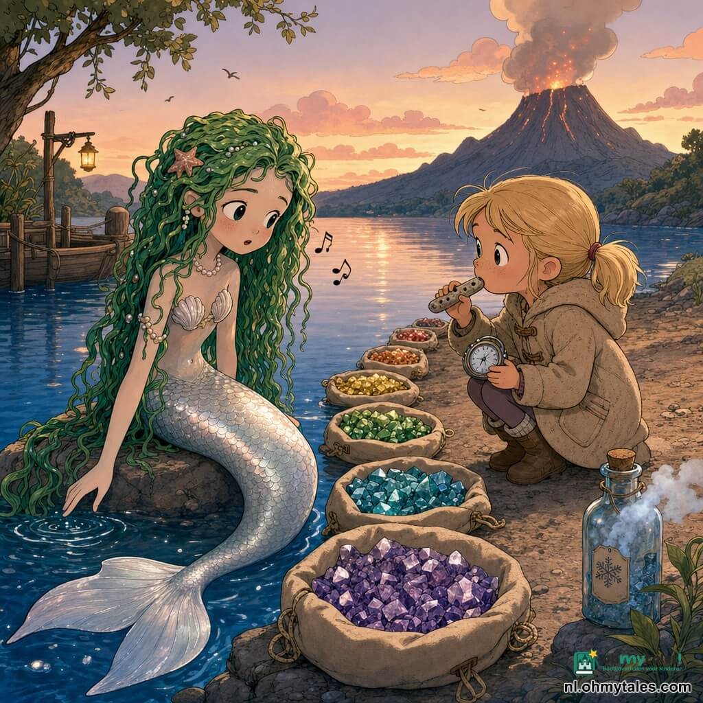 Een zeemeermin genaamd Mira, zacht bezorgd van uiterlijk met parelachtige huid, zeewiergroen haar en een glinsterende zilveren staart, zit op een rots aan een meer, legt een hand in het water en zingt zacht; Lila, ongeveer 8 jaar, blond met staartjes en een beige wollen mantel, hurkt rechts, blaast in een stenen fluitje en houdt een glanzend metalen klokje; langs de oever liggen canvaskussens gevuld met fonkelende stenen en een flesje dat koude nevel uitstoot; op de achtergrond rookt een zacht gloeiende vulkaan en het diepblauwe meer weerspiegelt de lucht met lichte golven; visuele sfeer: warme pasteltinten, heldere lijnen met licht zwarte contouren in franco-belgische stijl, gedetailleerde texturen van hout, doek en schubben, zachte expressies voor kinderen, compositie in middenshot met kussens diagonaal naar de vulkaan en een zachte zonsondergangslichtval.