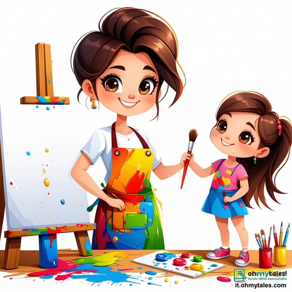 Un'artista, Serena, con capelli castani disordinati e occhi pieni di creatività, è davanti a una grande tela bianca, con un sorriso radioso. Indossa un grembiule colorato macchiato di vernice e tiene un pennello in mano, pronta a dare vita alla sua opera. Accanto a lei, Giulia, una ragazza di 10 anni con capelli lunghi e lisci, la guarda con ammirazione, tenendo un quaderno da disegno. Ha occhi brillanti di curiosità e sembra impaziente di disegnare. Lorenzo, un ragazzo di 9 anni con occhiali e capelli arruffati, osserva la scena con un misto di esitazione e meraviglia, con un piccolo robot disegnato sulla sua tela. L'atelier è luminoso e pieno di colori vivaci: barattoli di vernice sparsi su tavoli di legno, tele appese alle pareti e raggi di sole che filtrano attraverso grandi finestre. Serena incoraggia i bambini a esprimere la loro creatività, tutti immersi nel processo artistico con mani sporche di vernice e sorrisi felici, pronti a creare insieme un grande murale.