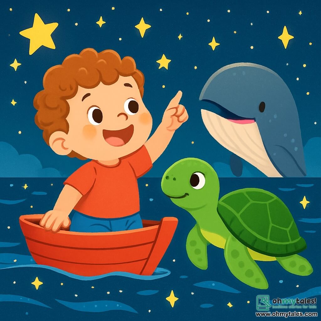 A 2-year-old boy named Leo, with curly hair and sparkling eyes, gazes in wonder at the twinkling stars in the night sky. He wears a red t-shirt and blue shorts, and his face radiates joy with a big smile and rosy cheeks. Next to him, a wise, large turtle with a green shell and gentle eyes swims slowly in the starry water, watching Leo kindly. A little further away, a majestic and friendly gray whale emerges from the water, its shiny fins reflecting the starlight as it sings softly. The scene takes place in a magical sea, where the deep blue water is sprinkled with thousands of twinkling stars, creating a fairy-tale atmosphere. The sky is filled with bright constellations, and gentle waves caress Leo's small red boat. The main situation shows Leo, amazed, pointing at the dancing stars around him while the turtle and whale listen attentively, creating a scene of discovery and wonder under a starry sky.