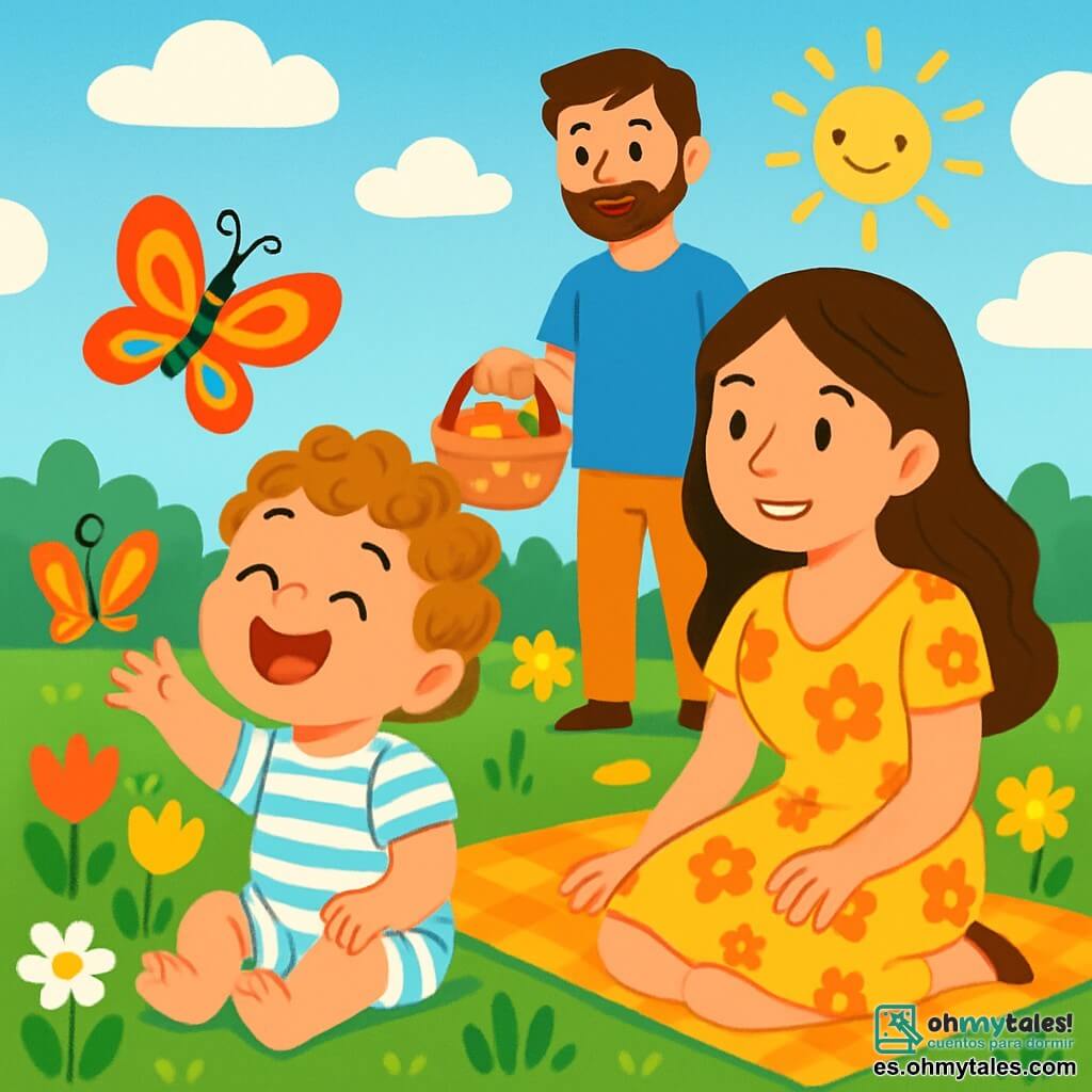 Un niño pequeño de 2 años, con cabello rizado y ojos brillantes de alegría, está sentado en el césped verde y suave, riendo a carcajadas mientras observa una mariposa colorida que vuela a su alrededor. Lleva una combinación ligera a rayas, perfecta para la primavera. A su lado, su mamá, una mujer sonriente de unos 30 años, con cabello largo y castaño y un vestido floreado, lo observa con ternura, sentada sobre una manta de picnic. Su papá, un hombre de unos 32 años, con una barba ligera y una camiseta azul, se encuentra de pie al fondo, sosteniendo una pequeña cesta llena de frutas. El jardín está lleno de flores brillantes de colores vivos, como tulipanes rojos, narcisos amarillos y margaritas blancas, bajo un cielo azul claro salpicado de nubes esponjosas. La escena principal muestra al niño maravillado, extendiendo la mano hacia la mariposa, mientras el sol brilla, creando una atmósfera alegre y primaveral.