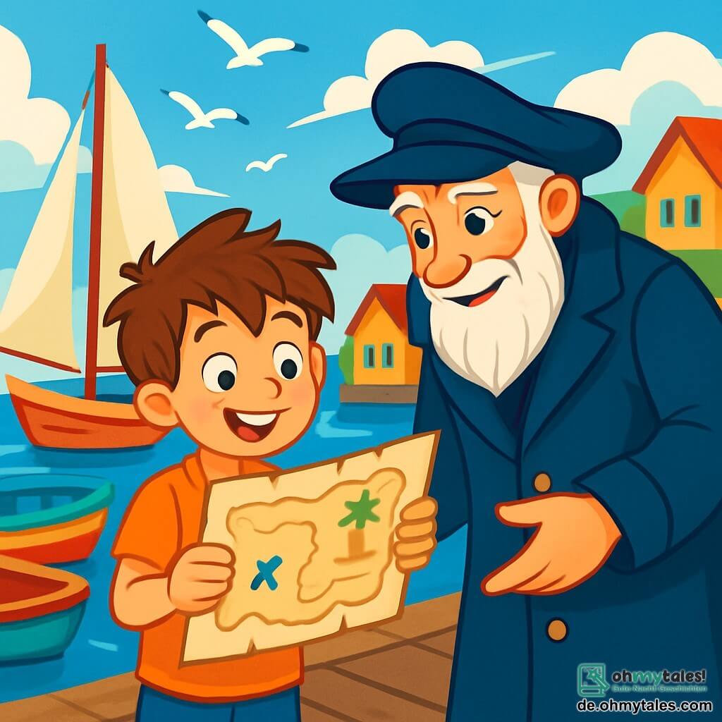 Ein 8-jähriger Junge mit zerzausten braunen Haaren und neugierigen Augen hält eine alte Schatzkarte in seinen Händen. Sein Gesicht drückt Aufregung und Staunen aus, während er auf dem Holzsteg steht, umgeben von bunten Booten, die sanft auf dem Wasser treiben. Neben ihm lächelt ein älterer Mann, wahrscheinlich in den Sechzigern, in einem langen marineblauen Mantel und einem breiten Seemannshut wohlwollend. Er hat einen langen weißen Bart und leuchtende Augen, als ob er ein Geheimnis verbirgt. Er beugt sich leicht zu dem Jungen und zeigt ihm die Karte mit einem geheimnisvollen Ausdruck. Der Ort ist ein charmanter kleiner Hafen mit weißen Segeln, die sich gegen einen strahlend blauen Himmel abheben. Bunte Holzhäuser säumen den Steg, und Möwen fliegen über das glitzernde Wasser. Die Hauptsituation zeigt den Jungen mit weit aufgerissenen Augen, der die Schatzkarte entdeckt, während der alte Mann ihm die faszinierende Geschichte des verborgenen Schatzes auf der Insel der Geheimnisse erzählt.