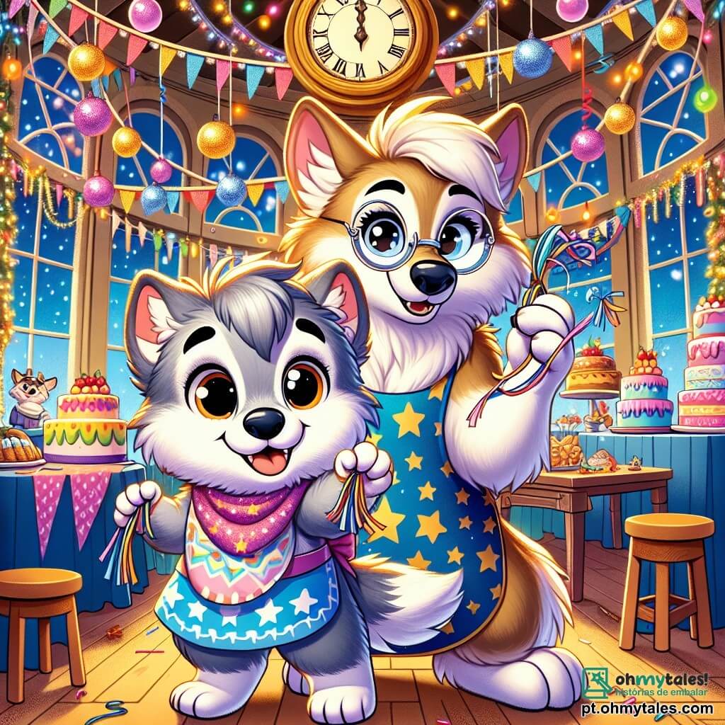 Um pequeno lobo chamado Léo, com pelagem suave e cinza, olhos brilhantes de alegria e um grande sorriso, está decorando a grande sala da torre do velho relógio. Ele segura serpentinas coloridas com suas patas e parece animado, pulando no lugar. Ao seu lado, sua mãe, Dona Loba Luísa, com pelagem marrom e óculos redondos, sorri orgulhosamente enquanto pendura guirlandas cintilantes. Ela usa um avental com estampas de estrelas e parece feliz em compartilhar esse momento com seu filho. A sala da torre está cheia de luzes brilhantes, balões coloridos flutuando no teto e mesas repletas de bolos deliciosos e bebidas efervescentes. As paredes estão adornadas com decorações festivas, e um grande relógio dourado se destaca no centro, pronto para marcar a chegada do Ano Novo. Léo e sua mãe estão preparando a festa de Réveillon, cercados por um ambiente alegre e festivo, com risadas e vozes que ecoam no ar.