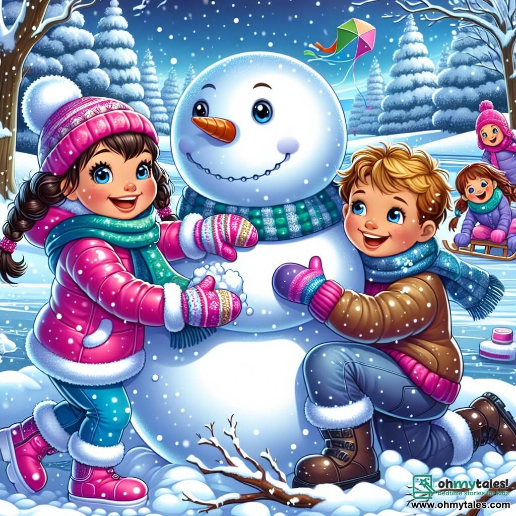 A 7-year-old girl with sparkling blue eyes and curly brown hair is building a snowman in a snowy park. She wears a bright pink jacket, colorful gloves, and fur boots, displaying a big joyful smile. Next to her, an 8-year-old boy with messy blonde hair and a mischievous grin is rolling a large snowball for the snowman's body. Another character, a 7-year-old girl with brown hair in braids, is gathering branches for the snowman's arms, laughing heartily. The park is a winter wonderland, with trees covered in shimmering snow, gently falling snowflakes, and a large colorful kite floating in the wind. In the distance, children are sledding down a snowy hill. The main scene shows the three children, united in their joy, shaping their snowman, surrounded by the magic of winter, with laughter and radiant smiles.