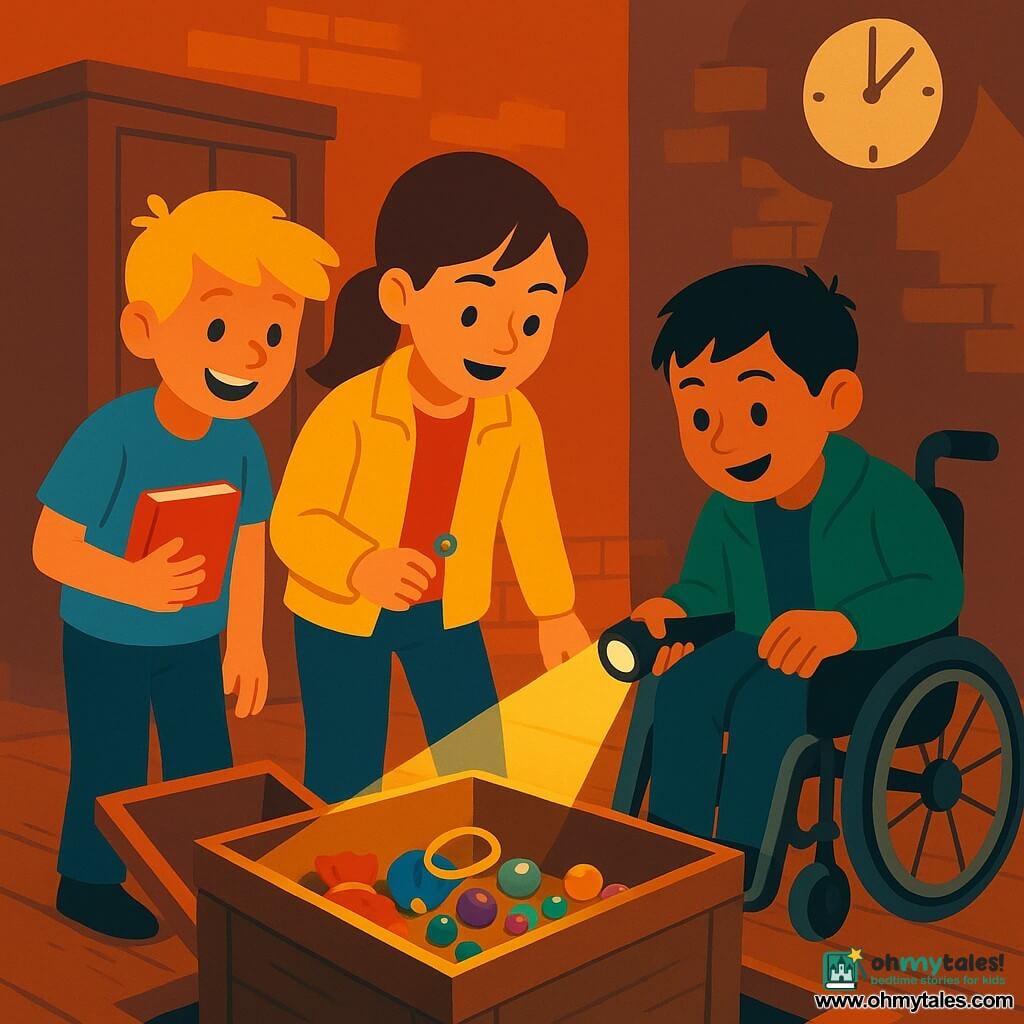 Three children, about 11: a brown-haired girl in a yellow jacket with a ponytail holds a small metal key and stands center looking into an open trapdoor; a blonde boy in a blue T‑shirt to her left holds a notebook and smiles with excitement; a short black‑haired boy in a green jacket in a wheelchair to her right holds a small flashlight illuminating the chest. They are in a secret town hall basement with old wooden floorboards, an open square trapdoor with a metal ladder, stone walls, a worn wooden cupboard and an old clock casting a large shadow; the air is dusty with a hint of cinnamon. The three have amazed expressions as they discover an ancient drawer full of small treasures — velvet pouches, colorful bracelets and glass marbles — with bright focused lighting on the treasure, vivid flat colors and warm‑cold contrasts creating a strong focal point.