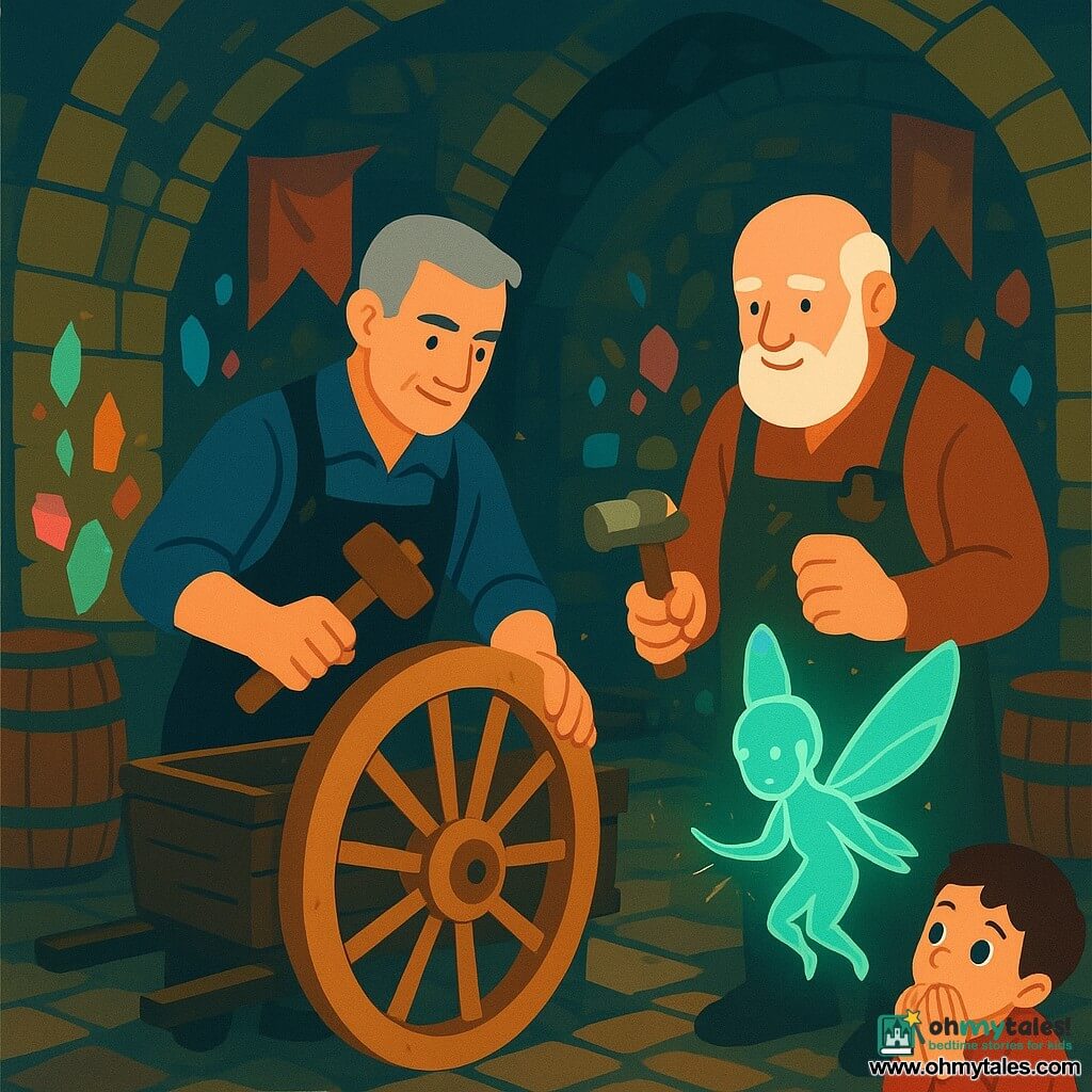 Thorian, a weathered-faced man with short gray hair and a calm determined gaze, smiles slightly as he tightens a wooden key while replacing a large reinforced wooden wheel on an old cart; nearby the broad, elderly Master Grom, about 70 with a short white beard, stands ready to strike with a gleaming hammer, sparks reflecting on his leather apron, while a small blue-green luminous sprite hovers by the wheel with lantern-like wings, and an awestruck eight-year-old boy crouches a few steps behind the cart; the scene takes place in an underground stone square with low vaults, walls studded with softly glowing multicolored crystals, wet cobbles, worn banners and lined barrels, conveying a magical, reassuring community atmosphere at dawn as they perform a heroic repair.