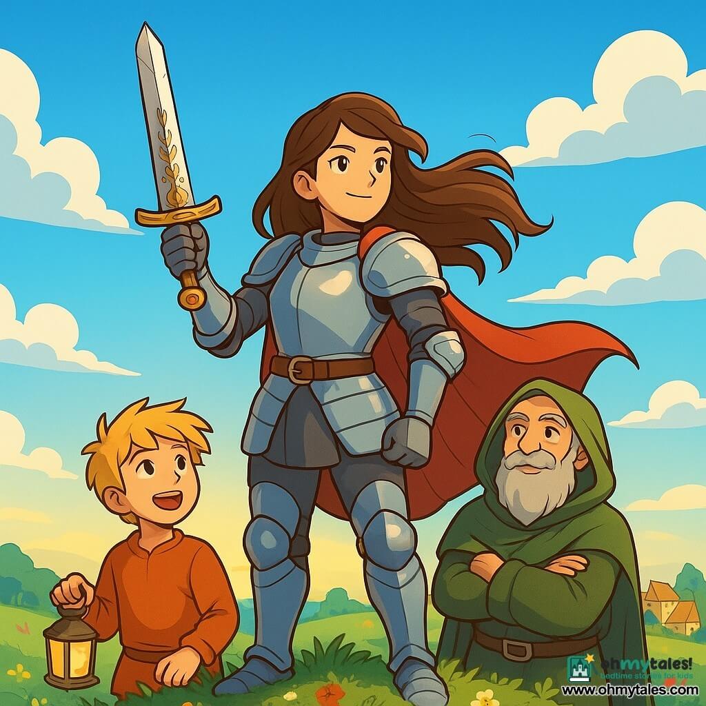 A knightess, Mirelle, stands proudly at the top of a green hill, her armor shimmering in the rising sun. She has long brown hair flowing in the wind, and her face expresses determination and kindness. She wields a sword adorned with floral patterns, ready to defend those in need. Beside her is a young boy named Tomas, about 12 years old, with messy blonde hair, watching in admiration. He holds a small lantern, his face lit up with excitement and wonder. A wise old ranger, Osen, with a gray beard, stands back with crossed arms, displaying an approving smile, ready to support Mirelle. The setting is a lush hill dotted with colorful wildflowers, under a bright blue sky with fluffy white clouds. In the distance, a peaceful village can be seen, its thatched roofs glistening in the sun. The main scene shows Mirelle, determined and brave, ready to embark on a night patrol with her companions to protect the village from lurking dangers.