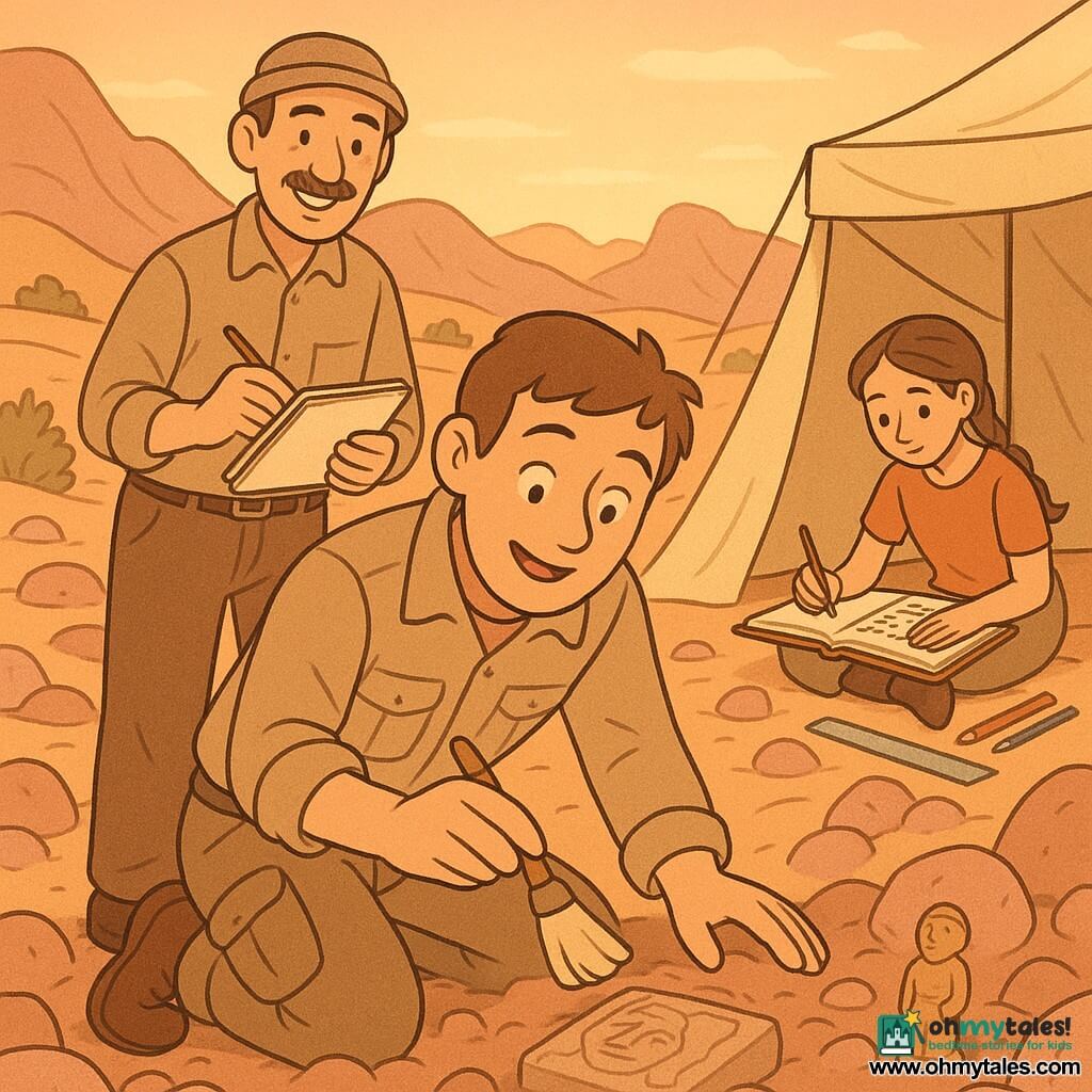 A scene at sunset in a rocky valley: Leo (about 32), short brown hair, attentive smiling face, knees in the sand, using a soft brush to reveal a small carved figurine half-buried among engraved stones, golden light highlighting details; Hassan (about 45), olive skin, thin mustache, cloth hat, standing just behind Leo on the left with a warm open smile, holding a sketchbook and pencil; a young local woman (about 20) seated under a light canvas tent on the right, braided hair, focused copying an inscription into a large notebook with pencils and rulers before her; ochre dunes, pink stones, small dry bushes, beige canvas tents, steep mountains and pale orange sky in the background; mood of wonder and respect, soft comic style with clear lines, warm colors and grainy sand textures.