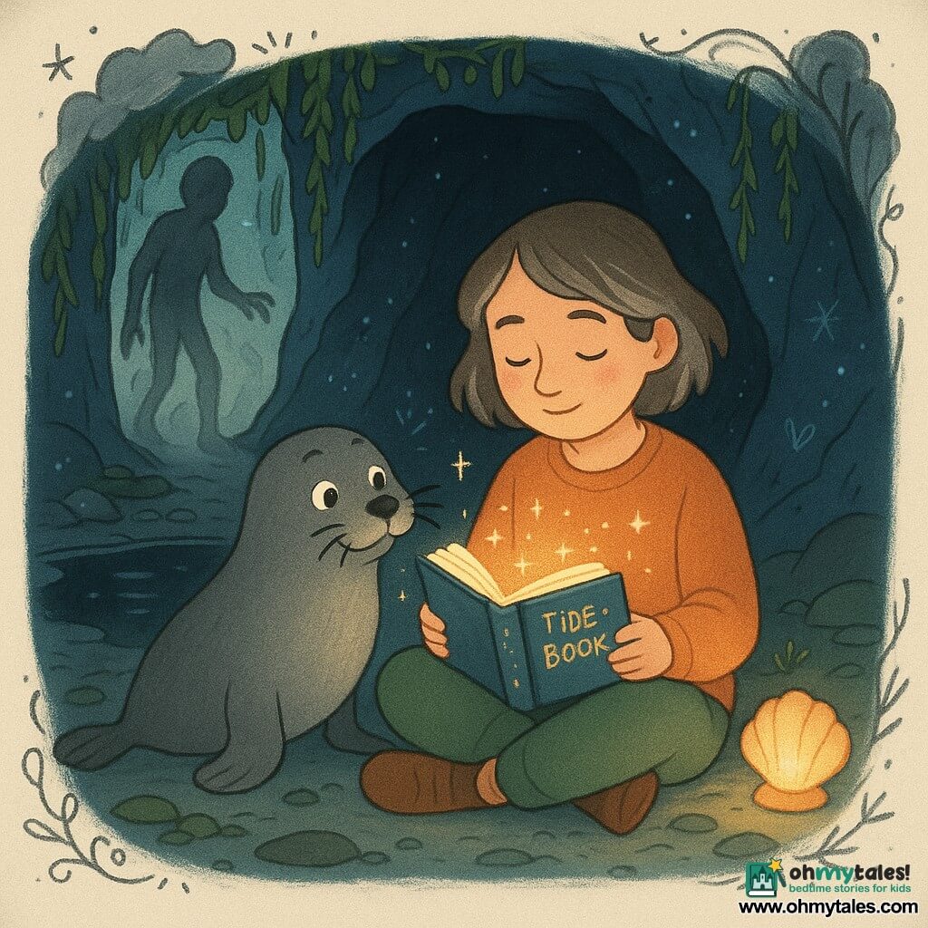 The main woman is Mira, a young woman with calm attentive eyes, a round face and salt flecks in her brown hair, sitting cross-legged and serenely reading a small, star-glowing "Tide-Book" on her knees; to her right is Brin, a glossy jovial seal with a shiny snout and black whiskers, perched on his flippers and peering at the page; at the cave entrance a faceless traveler-shaped silhouette made of gray mist, translucent and fraying, tries to approach but recoils from a circle of warm light cast by a shell lantern beside Mira; the hidden coastal cave has walls studded with tiny sparkling crystals, a smooth dark pool reflecting the blue-tinted soft light, wet stone floor and pale seaweed, creating an intimate, peaceful, slightly magical atmosphere.