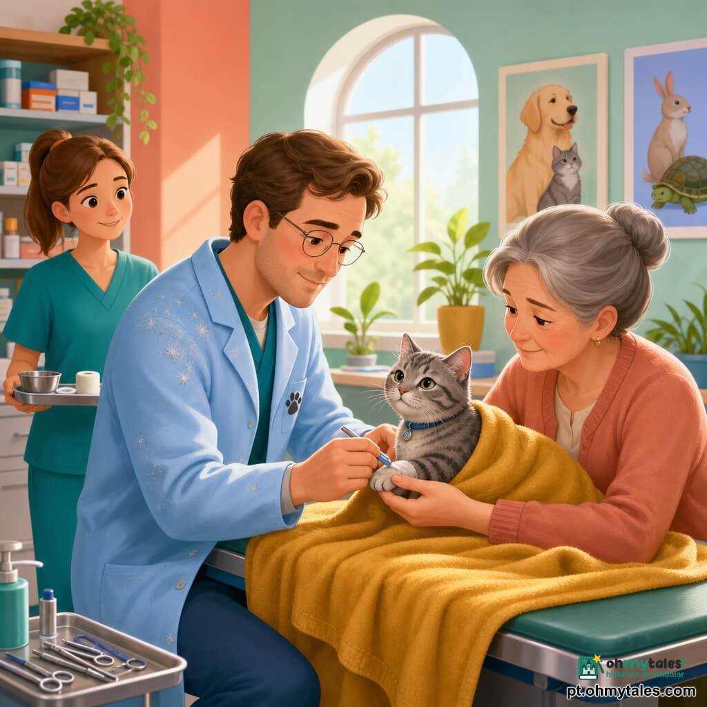 Um veterinário na casa dos 30, rosto redondo, cabelo castanho curto, óculos finos e expressão suave e concentrada, sorri levemente; veste um jaleco azul-claro com alguns pelos, ajoelha-se e trata delicadamente um gatinho macho cinza rajado sobre uma mesa coberta por um cobertor mostarda. Ao lado direito do veterinário, uma mulher de cerca de 50 anos, cabelos grisalhos presos num coque, olhar aliviado, segura a pata do gato através do cobertor. Ao fundo à esquerda, uma jovem assistente de ~22 anos, sorriso atento, traz uma bandeja com uma tigela e um curativo, junto a uma prateleira com caixas coloridas e frascos rotulados. A clínica é iluminada, com paredes em tons pastel (menta e coral pálido), uma grande janela arredondada que deixa entrar luz suave, cartazes educativos, plantas em vasos e instrumentos desenhados com formas simples e cores saturadas. Cena principal: momento calmo e acolhedor em que o veterinário cuida do gato ferido, composição centrada, luz suave nos rostos, texturas nítidas e atmosfera de confiança e cuidado.