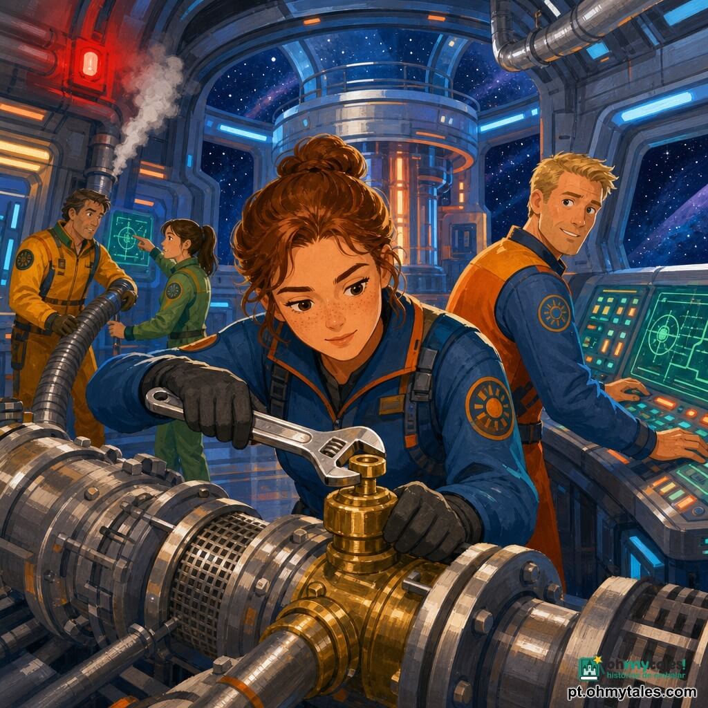 Uma mulher, comandante Celeste, rosto redondo com sardas e cabelo castanho preso, expressão determinada, de luvas segurando uma grande chave inglesa enquanto ajusta uma válvula dourada num filtro metálico complexo; ao lado, Liam (c.35) pele clara, cabelo loiro curto, sorridente mas preocupado, pressiona um painel de controle iluminado; atrás à esquerda, dois técnicos em macacões coloridos, um com mangueira flexível e outro apontando para um ecrã; local: interior da usina de fusão espacial Solaris, sala circular com tubos prateados, painéis de vidro com vista para o espaço, LEDs azuis e laranja e hologramas verdes; alarme vermelho a piscar e vapor saindo de um conduto, atmosfera tensa porém cooperativa, paleta quente com texturas de gouache.
