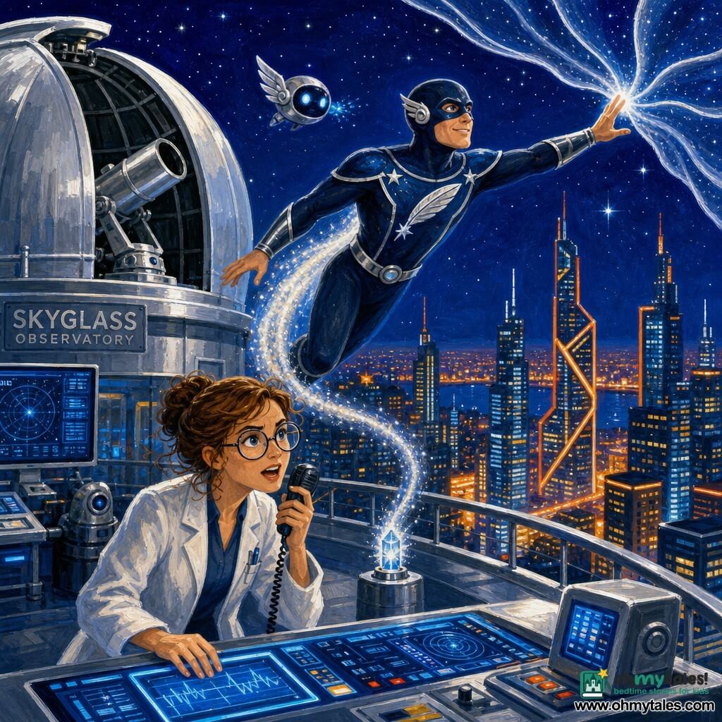 Captain Cometquill, smiling but focused with hair hidden by a dark mask, in a midnight-blue suit with silver lines and a sparkling white trail, floats above a neon-lit glass-city and reaches toward a thin luminous membrane in the sky to anchor a "Drift" that connects to a small beacon; nearby Dr. Lysa Merrow, ~35, determined with large eyes behind round glasses and a disheveled white lab coat, leans on a glowing console on the Skyglass Observatory terrace and speaks into a mic, while a small metallic feather-shaped drone emits blue sparks by the hero's shoulder, the open silver dome, silver instruments and blinking blue screens framing a tense, luminous scene of deep blue, silver, white and warm neon.