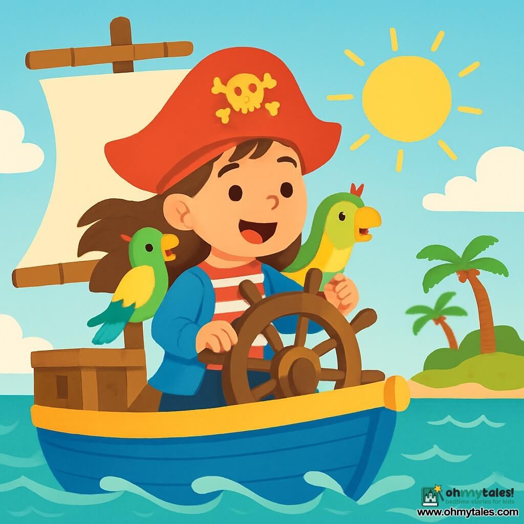 A young pirate woman, Captain Mia, smiling and full of enthusiasm, wears a red hat and a striped scarf. She stands on the deck of her large blue ship, hair blowing in the wind, firmly holding the helm. Beside her, Polly, a colorful parrot with green and yellow feathers, perches on her shoulder, chirping happily. The ship sails on a sparkling sea, where small waves dance under the golden sun. In the background, a lush island with palm trees appears on the horizon, while white clouds float in a light blue sky. The main scene shows Captain Mia, determined, maneuvering her ship towards the island, ready to discover hidden treasure.