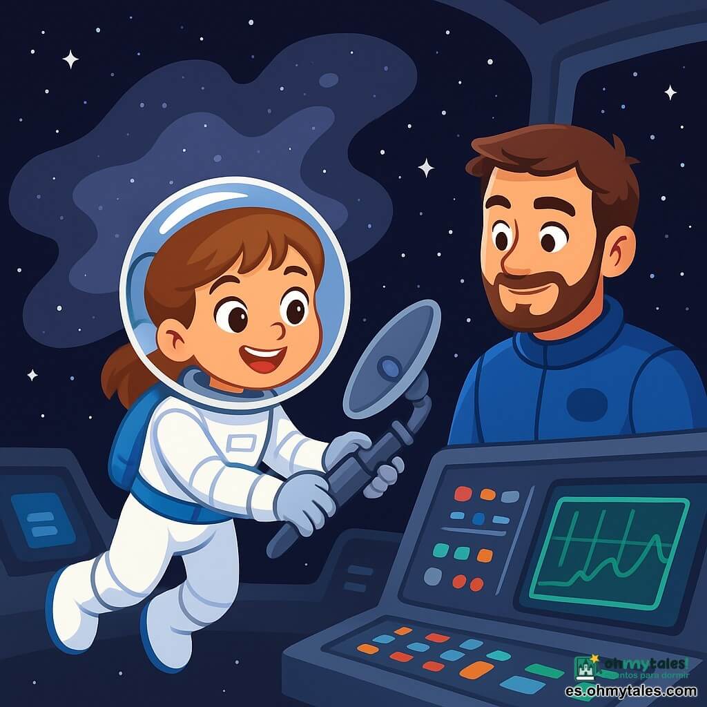 Clara, una niña de siete años, lleva un elegante y brillante traje espacial blanco, con un casco transparente que muestra su rostro sonriente y decidido. Sus ojos brillan de emoción y asombro mientras flota ligeramente en el espacio, sosteniendo firmemente una herramienta de reparación. Cerca de ella, el comandante Rivas, un hombre de mediana edad con cabello corto y barba bien cuidada, observa a Clara con una mirada orgullosa y alentadora. Él viste un traje espacial azul y está cerca del panel de control, listo para ayudarla. El fondo es un vasto espacio negro salpicado de estrellas brillantes, con la gran silueta plateada de la Nebulosa Gris iluminada por luces suaves. La situación principal muestra a Clara realizando una delicada reparación en una antena desplegada, concentrada y valiente, mientras la inmensidad del espacio la rodea, creando una atmósfera mágica y audaz.
