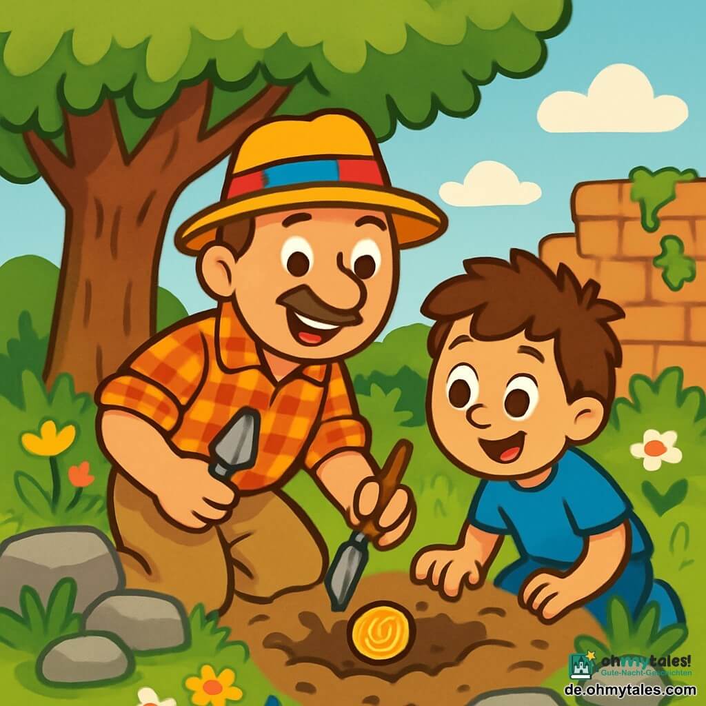 Ein Archäologe namens Herr Lino steht fröhlich unter einem großen Baum. Er trägt einen bunten Hut, ein kariertes Hemd und beige Hosen. Sein Gesicht ist lächelnd, mit neugierigen, funkelnden Augen. In einer Hand hält er eine kleine Schaufel und in der anderen einen Pinsel, bereit, verborgene Schätze zu entdecken. Neben ihm schaut ein 8-jähriger Junge namens Emil mit Staunen zu. Emil hat zerzauste braune Haare und trägt ein blaues T-Shirt. Er hockt sich neben Herr Lino und beobachtet aufmerksam, mit großen, aufgeregten Augen. Der Ort ist ein alter Garten, gefüllt mit bunten Wildblumen und hohen Gräsern. Alte Steine sind verstreut, und im Hintergrund steht eine alte Ziegelmauer, die mit grünem Efeu bewachsen ist. Der Himmel ist blau mit einigen flauschigen weißen Wolken. Die Hauptsituation zeigt Herr Lino und Emil, die sorgfältig den Boden durchsuchen. Sie entdecken eine alte glänzende Münze, und ihre Gesichter strahlen vor Freude und Staunen.