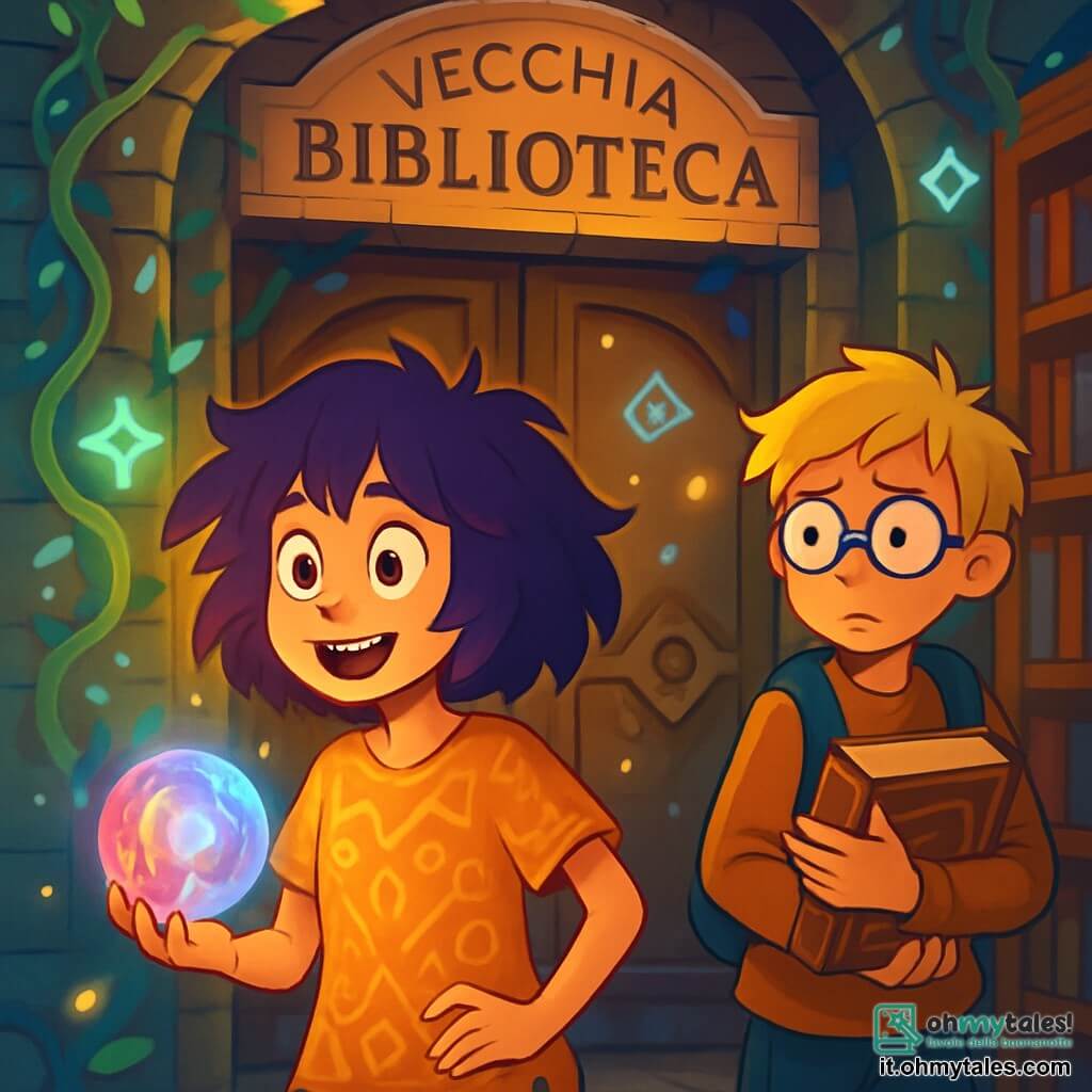 Una ragazza di 12 anni, Lira, si trova davanti a un grande portale antico della Vecchia Biblioteca, con un'espressione di curiosità ed eccitazione, occhi brillanti e capelli scompigliati di un viola profondo. Indossa una tunica leggera decorata con motivi luminosi e tiene in mano una sfera di quantomagia che emette una luce dolce e vibrante. Accanto a lei, un ragazzo di circa 13 anni, un amico di Lira, con capelli biondi scompigliati e occhiali tondi, osserva la scena con espressione preoccupata, tenendo un libro antico aperto tra le braccia. Il luogo è una biblioteca immensa, con muri in pietra coperti di liane luminescenti e simboli magici fluttuanti. Le scaffalature in legno intagliato si estendono fino al soffitto, piene di libri dalle copertine scintillanti, mentre luci fluttuanti danzano intorno, creando un'atmosfera misteriosa e incantevole. Lira si prepara ad aprire il portale, il cuore che batte forte, mentre la sfera nella sua mano pulsa sempre più forte, come se volesse avvertirla di un pericolo imminente. L'aria è carica di tensione, mescolando magia e mistero, mentre si appresta a scoprire i segreti nascosti della biblioteca.