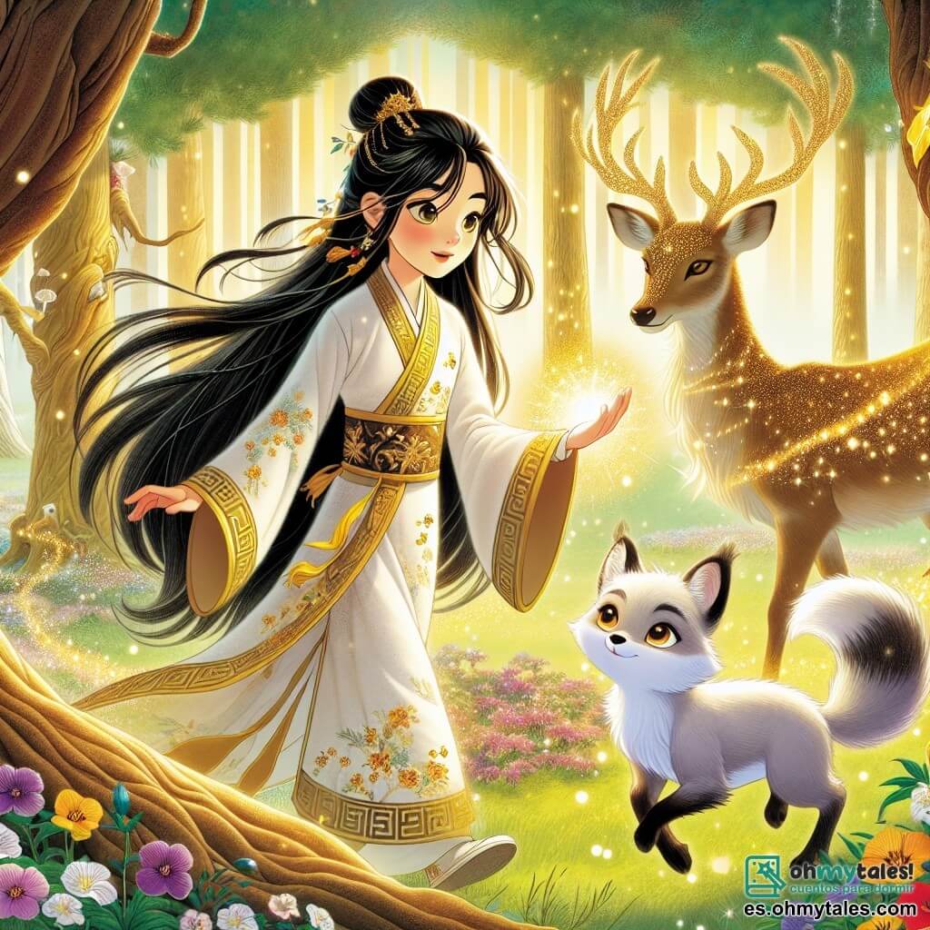 Mei Lin, una joven de unos 16 años, está en el centro de un claro mágico, con su largo cabello negro ondeando suavemente al viento. Lleva un vestido tradicional chino adornado con patrones florales dorados, y su rostro expresa determinación y asombro mientras canaliza una luz brillante desde sus manos. A su lado, Shen, un pequeño zorro blanco de ojos brillantes, salta con entusiasmo, listo para ayudarla en su misión. No lejos de ellos, un majestuoso ciervo dorado, con astas brillantes, observa la escena con sabiduría, reflejando gratitud y admiración por Mei Lin. El lugar es el Bosque de los Susurros, un sitio encantador donde árboles centenarios se elevan hacia el cielo, sus hojas brillando como estrellas al sol. La situación principal muestra a Mei Lin preparándose para enfrentar al Maestro del Viento Oscuro, una figura oscura y amenazante que se perfila en el horizonte, rodeada de remolinos de oscuridad. La tensión es palpable mientras se concentra para liberar su magia, decidida a restaurar el equilibrio del mundo natural.