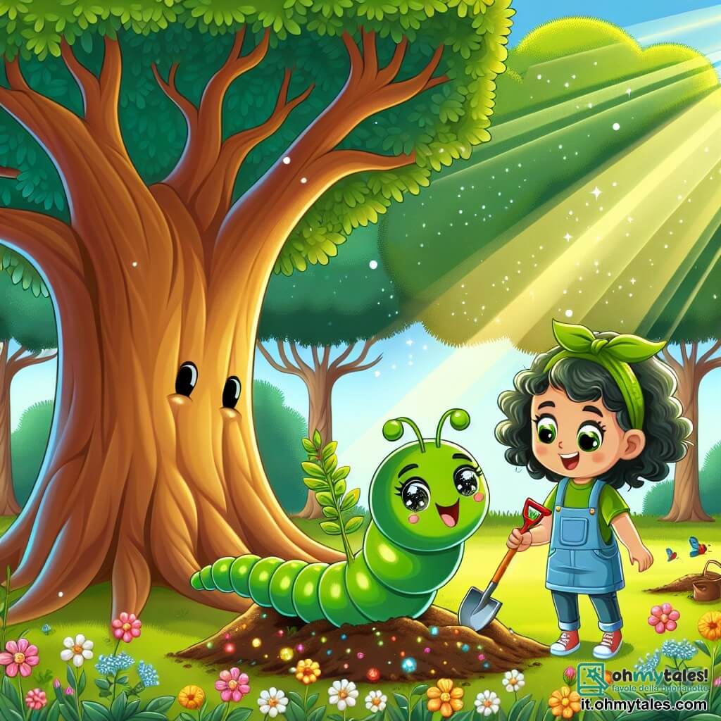 Un piccolo lombrico sorridente, con una pelle liscia e lucente di colore verde, si trova al centro dell'immagine, con gli occhi scintillanti di eccitazione. Sta piantando un giovane albero nel terreno, circondato da terra e piccoli fiori colorati. Alla sua destra, una giovane ragazza dai capelli ricci e occhi brillanti, indossando una maglietta verde e pantaloni corti di jeans, osserva con orgoglio il lombrico. Tiene una piccola pala e sorride, felice di partecipare a questa bella azione per la natura. A sinistra, un grande albero di quercia maestoso, con foglie di un verde brillante, offre ombra e riparo agli uccelli canterini. Il terreno è cosparso di fiori selvatici e piccoli insetti che si affaccendano, creando un'atmosfera gioiosa e vivace. La scena si svolge in un parco soleggiato, dove i raggi di luce filtrano tra i rami, illuminando il volto del lombrico e della giovane ragazza. Stanno lavorando insieme per piantare alberi, simboleggiando l'unione degli sforzi per proteggere l'ambiente.
