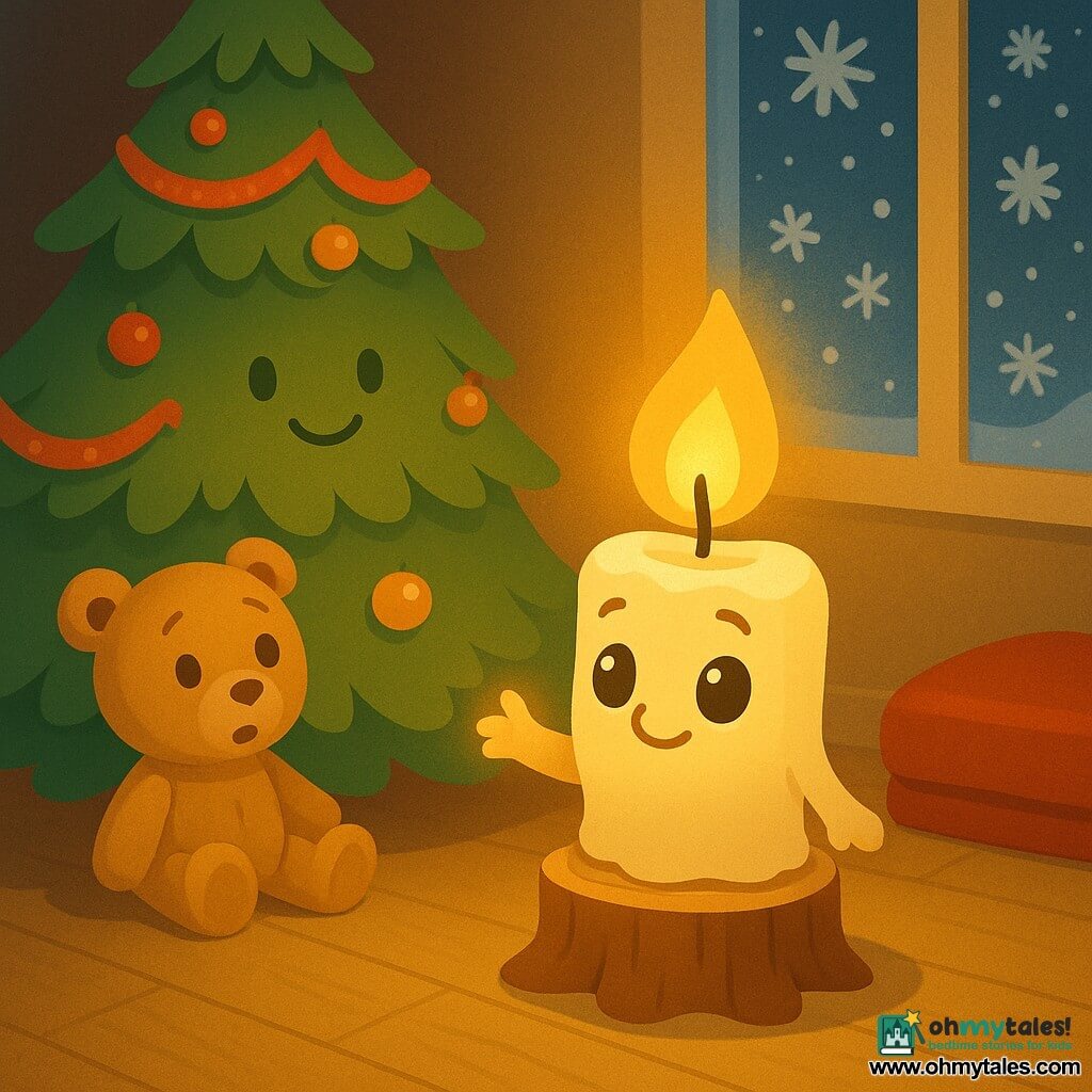 A small anthropomorphic candle named Lumi with smooth ivory wax, a flickering golden flame, big round eyes and a gentle smile stands on a stump and holds its light forward; a smiling cone-shaped Christmas tree decorated with red garlands and shiny baubles sits just behind to the left; a beige teddy with stitched eyes sits at the tree base, surprised and comforted, looking at the flame; a frosted window on the right shows large snowflakes against a night-blue sky and a faintly sparkling pane; the warm bedroom has a light wooden floor, a folded red blanket, and a soft shadowed corner gently lit by the candle; the candle's small golden glow envelops the tree and bear, creating a cozy, intimate, reassuring scene with warm yellow, red and green tones contrasted by the window's cold blue; style: simple vector illustration, rounded shapes, clean lines, flat saturated colors, toddler-friendly.