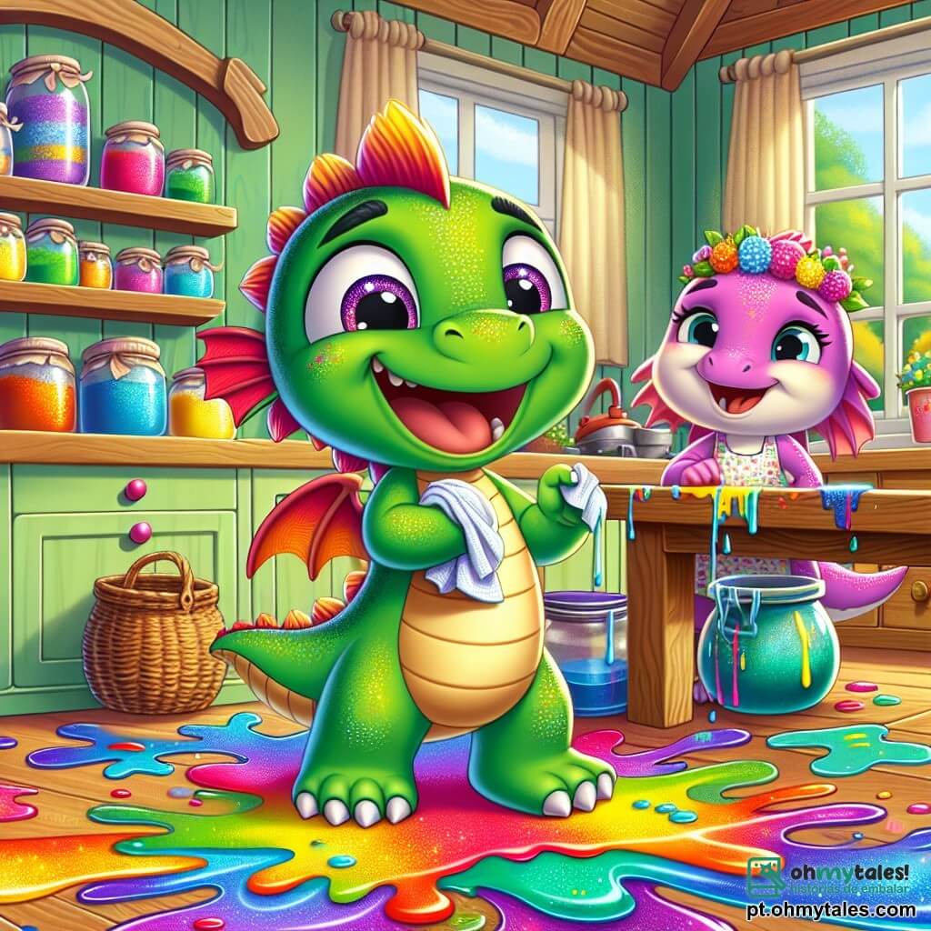 Um jovem dragão verde vibrante, Tico, com grandes olhos brilhantes e um sorriso travesso, está no centro da cena, com as asas levemente abertas, rindo enquanto segura um pedaço de pano para limpar uma grande poça de sopa colorida no chão. Ao lado dele, sua irmã, Draqui, um dragão rosa com escamas cintilantes e olhos doces, sorri com ternura, segurando outro pedaço de pano, pronta para ajudá-lo. A cozinha é acolhedora, com paredes de madeira clara, uma grande mesa de madeira maciça e prateleiras cheias de potes coloridos. Respingos de sopa multicolorida decoram o chão, adicionando um toque de caos divertido ao ambiente. A cena principal mostra Tico e Draqui limpando juntos a sopa que respingou por toda parte, rindo de sua pequena aventura, criando uma atmosfera alegre e cúmplice.