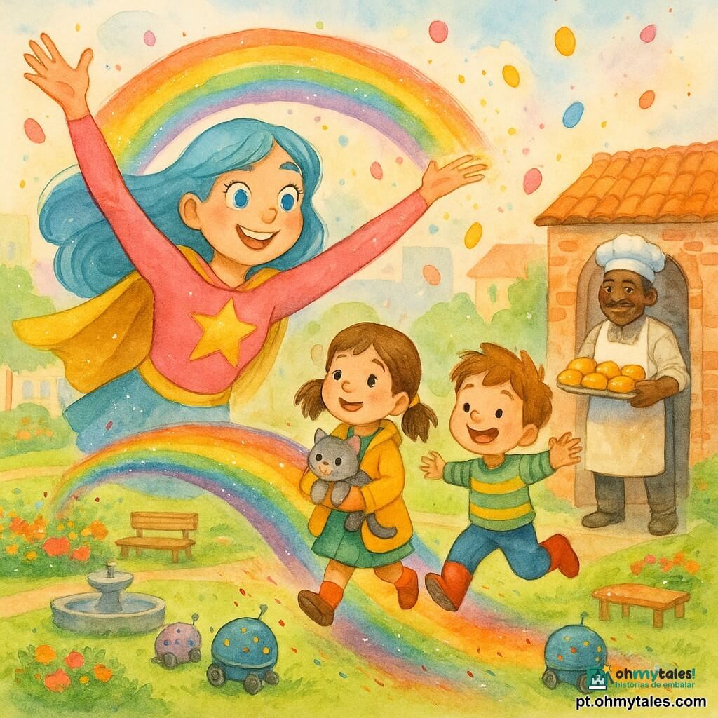 Uma super-heroína alegre e benevolente, olhos brilhantes, cabelo longo azul-céu e traje rosa com grande estrela dourada no peito e capa ao vento, ergue os braços formando uma ponte arco-íris luminosa enquanto uma menina de 6 anos com rabo de cavalo, de casaco amarelo, segura uma gatinha cinzenta e atravessa admirando-a, ao lado de um menino de 5 anos de botas vermelhas que pula rindo; um homem padeiro de cerca de 50 anos (homem) com avental branco salpicado de farinha segura uma bandeja de pãezinhos dourados à entrada de uma pequena padaria de tijolos; vários pequenos robôs redondos e coloridos estão parados na relva com confetes presos à carroceria perto de canteiros de flores; cena num parque urbano ensolarado com relva verde, flores vivas, banco de madeira, fonte de pedra e caminho pavimentado, edifícios baixos de fachadas pastel ao fundo; chovem pequenas bolinhas de gelatina coloridas enquanto a heroína cria a ponte para as crianças não escorregarem, atmosfera calorosa, tons pastel claros e textura aquarela suave com respingos controlados para dar movimento às gelatinas e confetes.