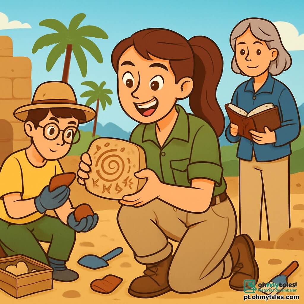 Clara, uma arqueóloga entusiasta de cerca de trinta anos, é retratada com longos cabelos castanhos presos em um rabo de cavalo, um sorriso radiante e olhos brilhantes de curiosidade. Ela está agachada em uma escavação, segurando delicadamente uma pedra adornada com símbolos antigos, seu rosto irradiando excitação e determinação. Ao seu lado, um jovem de aproximadamente 25 anos, usando óculos e um chapéu de palha, observa atentamente um fragmento de cerâmica, com uma expressão concentrada e curiosa. Outro membro da equipe, uma mulher de cerca de quarenta anos com cabelos grisalhos e uma aparência sábia, folheia um livro antigo, mantendo-se um pouco afastada, pronta para oferecer sua expertise. O cenário é um sítio arqueológico ensolarado, com ruínas de pedras antigas, ferramentas de escavação espalhadas pelo chão e palmeiras ao fundo, criando uma atmosfera mediterrânea. A cena principal mostra Clara descobrindo maravilhada a pedra misteriosa, cercada por seus colegas, todos cativados pela promessa de uma nova descoberta histórica.