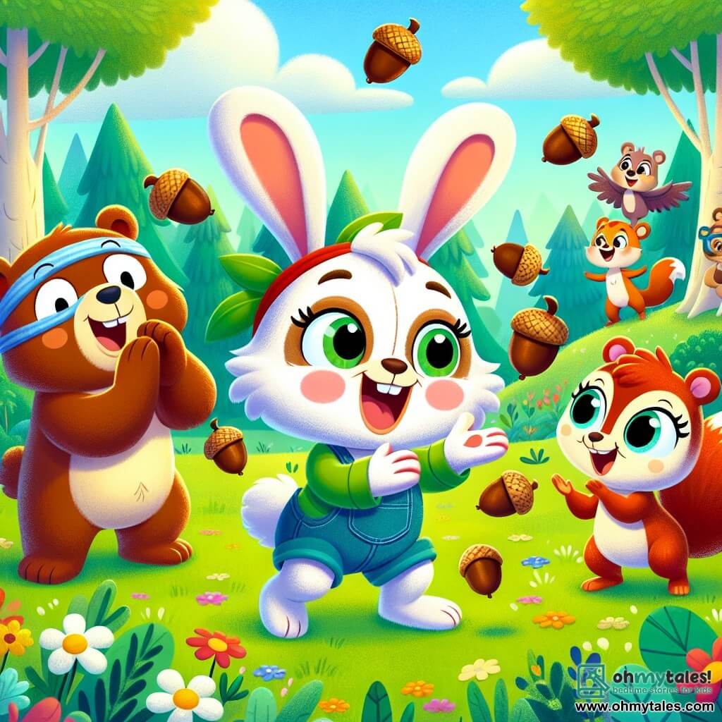 In the center of the image, Ruby, a small rabbit with big ears and bright white fur, is joyfully juggling acorns, her face radiating happiness and excitement. Next to her, Benny, a brown bear with a bandage on his paw, is clapping with a big smile, showing his support and pride for his friend. A little further away, Lilly, a small squirrel with sparkling eyes and red fur, is dancing gracefully, her paws raised enthusiastically as she admires Ruby. The setting is a green meadow dotted with colorful flowers and large trees with lush leaves, under a bright blue sky with a few fluffy clouds. In the background, other animals, like a singing bird and a curious turtle, gather to applaud and encourage everyone's talents. The scene conveys an atmosphere of joy and camaraderie, illustrating the theme of equality and mutual support among friends.