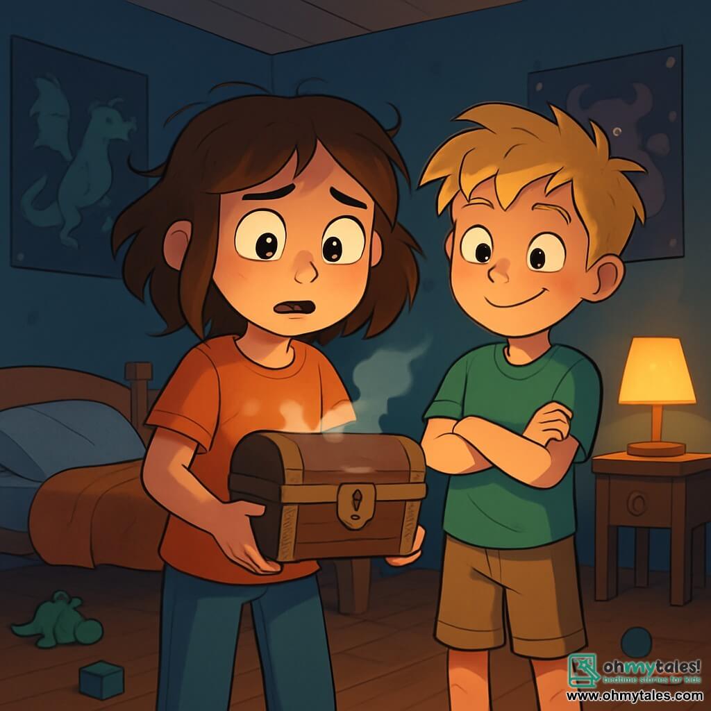 A 10-year-old girl with messy brown hair and curious shining eyes stands in the center of a dark room, heart racing, holding a small mysterious wooden chest in her hands. Her face expresses both wonder and slight fear, with furrowed brows and slightly open mouth. Next to her, a 10-year-old boy with tousled blonde hair and a mischievous smile looks at the chest with fascination, arms crossed over his chest, ready to help. The scene takes place in a child's bedroom, with walls adorned with posters of fantastical creatures, where the light of a flickering lamp casts dancing shadows on the wooden floor. Scattered toys and a messy bed add a lively touch to the place. The main situation shows the girl, hesitant but determined, about to open the mysterious chest, while a light mist escapes from inside, creating an intriguing and slightly frightening atmosphere.