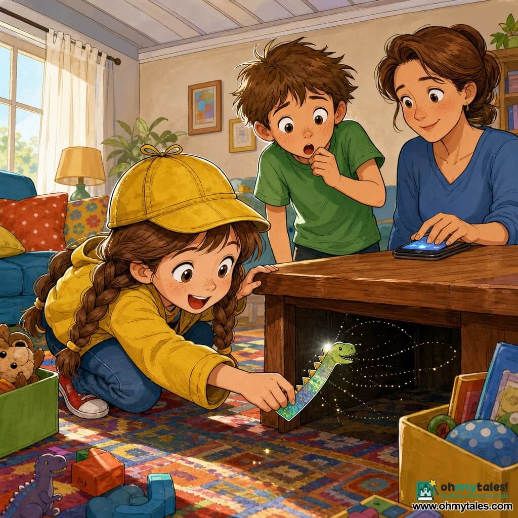 A joyful, focused 6-year-old girl with long brown braids and a yellow detective hat crouches to grab a shiny dinosaur bookmark from under a small wooden table while a worried-then-relieved ~7-year-old boy with tousled hair and a green t-shirt watches with wide eyes and an adult woman (Max’s mother, ~35, chestnut hair tied) stands by a blinking phone smiling softly; the low, cozy living room has a patterned rug, scattered bright cushions, open toy boxes and sunlight through a sheer curtain, capturing the moment the bookmark emerges from a dark corner with dust motes and faces lit with excitement.