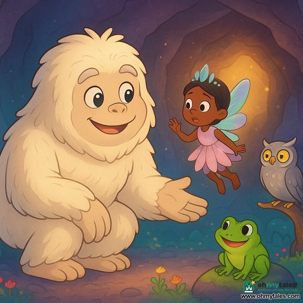 A large female yeti, soft and fluffy with highly textured creamy-white fur, bright silver round eyes and a kind smile, crouches with a welcoming open paw, joyful and reassuring; a small fairy wearing a dew-drop crown, iridescent wings and petal dress hovers nearby, waving tiny hands, relieved; a wise silver-feathered owl with piercing yellow eyes perches on a glowing root to the yeti’s right, calmly observing; a vivid green frog with a wide grin sits on a mossy stone in the foreground, legs folded to spring; setting: a hollow mountain cave lit by phosphorescent mushrooms and sparkling crystals, violet and turquoise textured walls and small blooming flowers; main scene: the yeti and friends awaken spring in the cave as golden light filters in from the entrance and glowing pollen drifts, creating a warm, magical atmosphere.