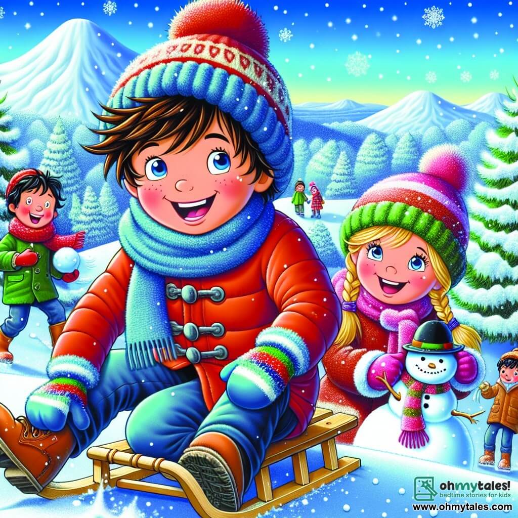 A 12-year-old boy named Thomas, with tousled brown hair, wears a thick red jacket and a blue wool hat. His face is lit up with an excited smile as he stands at the top of a snowy hill, ready to slide down on his sled. Next to him is his best friend Lucy, a 12-year-old girl with braided blonde hair, wearing a pink scarf and colorful gloves. She is joyfully laughing, her cheeks rosy from the cold, holding a snowman she just built. A little further away, Amir, a 12-year-old boy with black hair and glasses, is gathering snow to make a snowball, his face showing a concentrated expression. The scene is a beautiful winter landscape: majestic trees covered in sparkling snow, a clear blue sky dotted with fluffy white clouds, and the ground blanketed in a thick layer of pristine snow. The main focus shows Thomas and his friends getting ready to sled down the hill, surrounded by laughter and joy, eager for a winter adventure full of discoveries and fun.