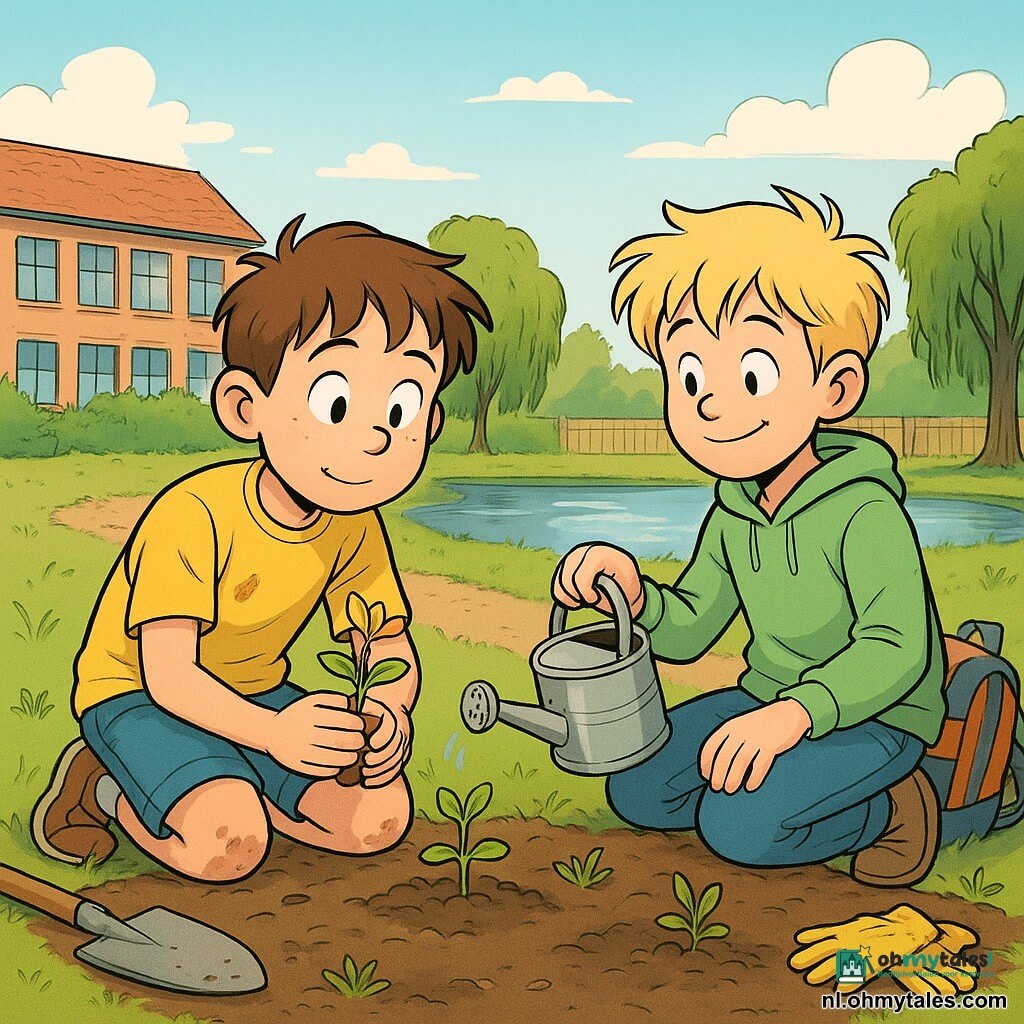 Twee jongens van ongeveer 8 jaar: Sam, kort bruin en en tousled haar, gele T‑shirt en korte spijkerbroek, knieën licht vuil, gehurkt linksvoor en voorzichtig een klein zonnebloempje houdend met een verwonderde blik; Jens, blond, warrig haar, lichtgroene trui en gestreepte rugzak op de grond, iets rechts en achter Sam zittend en een ander scheutje water gevend met een metalen gieter terwijl hij zijn vriend glimlachend aankijkt. Op een schooltuinperceel langs een zandpad met licht oneffen gemaaid gras, lichte houten schutting, een treurwilg aan een vijver die witte wolken weerspiegelt en een paar tuingereedschappen naast hen; zachte namiddaglicht met lange schaduwen. Situatie: de jongens planten en besproeien pas uitgekomen mini‑zonnebloemen, zorgzame gebaren, lenteachtige warme sfeer, jonge blaadjes en bloemen, zichtbare waterdruppels en blikken van nieuwsgierigheid en vreugde.
