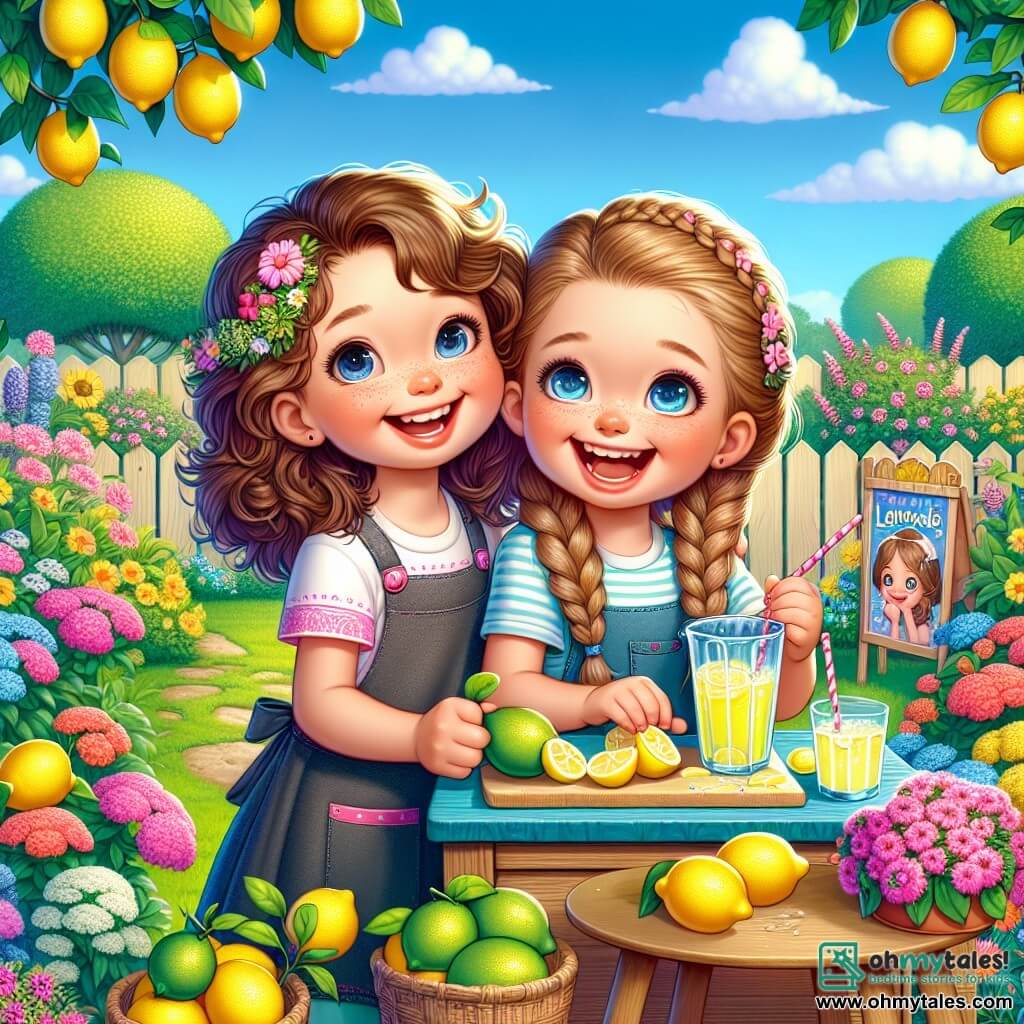 A 12-year-old girl, Clara, with curly brown hair and sparkling eyes, is sitting at a wooden table in her garden, smiling and full of enthusiasm as she mixes fresh lemons to make lemonade. Next to her, her best friend Lily, also 12, with braided blonde hair and round glasses, holds a large glass of lemonade, joyfully laughing while decorating a colorful sign for their stand. The garden is bright and vibrant, filled with multicolored flowers, a lemon tree laden with yellow fruits, and a well-maintained green lawn. In the background, the blue sky is dotted with fluffy white clouds, and curious neighbors can be seen approaching their stand. The main scene shows Clara and Lily, excited and happy, ready to open their lemonade stand, surrounded by summer energy and the scent of flowers.