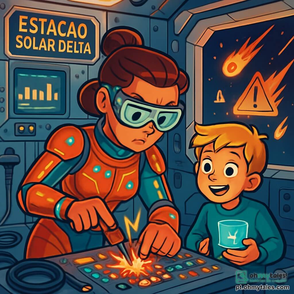 Uma engenheira espacial, Elisa, de cerca de 30 anos, com cabelo castanho preso em um coque e óculos futuristas, está concentrada e determinada, com as sobrancelhas franzidas, enquanto trabalha em um painel de controle luminoso. Ela usa um traje espacial brilhante, decorado com circuitos e luzes piscantes, segurando uma ferramenta tecnológica na mão. Ao seu lado, um garoto de 12 anos, com cabelo loiro e olhos brilhantes, observa com admiração, segurando um pequeno dispositivo holográfico, pronto para ajudar. O ambiente é o interior da Estação Solar Delta, um espaço futurista com paredes metálicas prateadas, luzes intensas e painéis de controle cintilantes, com telas exibindo dados energéticos. Cabos e ferramentas estão espalhados ao redor, criando uma atmosfera de trabalho intenso. A cena principal mostra Elisa consertando um circuito defeituoso, enquanto alertas luminosos piscam ao redor, sinalizando uma emergência iminente, com meteoros ameaçadores visíveis através de uma grande janela panorâmica, adicionando uma tensão palpável à ilustração.