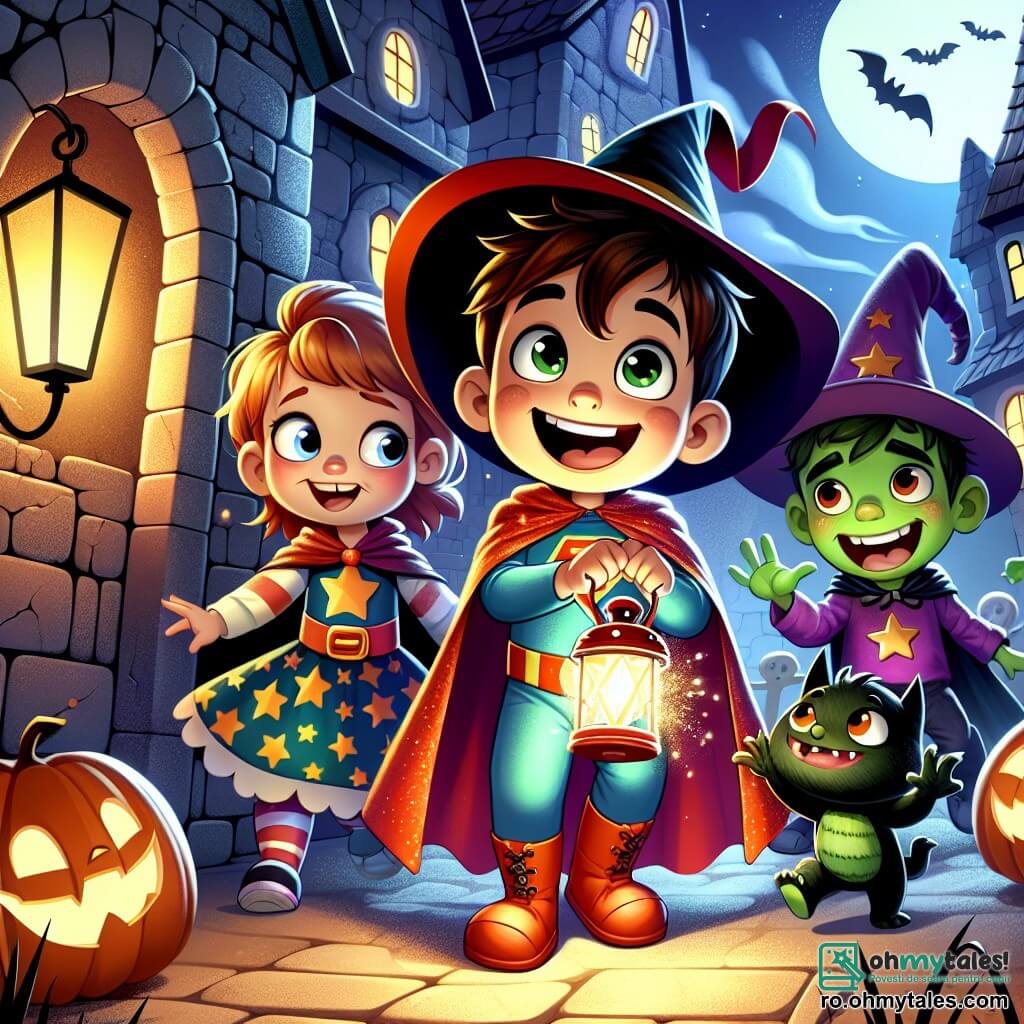 Un băiat de 6 ani, pe nume Mihai, stă în centrul imaginii, îmbrăcat într-un costum colorat de super-erou cu o pelerină roșie. Fața lui este iluminată de un zâmbet larg, arătându-și entuziasmul și curiozitatea în timp ce ține o lanternă mică care îi luminează calea. În dreapta sa, Ana, o fetiță de 6 ani îmbrăcată în vrăjitoare, cu o pălărie mare neagră și o rochie cu modele stelare, se uită în jur cu ochi uimiți, ținând o baghetă magică strălucitoare. În stânga, Radu, un băiat de 6 ani îmbrăcat în monstru verde, cu ochi rotunzi și un zâmbet prietenos, se apleacă pentru a se juca cu o pisicuță neagră care se furișează printre picioarele lui. Decorul este o veche casă bântuită, cu pereți din piatră acoperiți de pânze de păianjen și feronerie prăfuită. Umbre misterioase dansează pe pereți, creând o atmosferă intrigantă și ușor înfricoșătoare. În fundal, un dovleac mare zâmbitor este așezat pe o masă, adăugând o notă festivă atmosferei de Halloween. Situația principală arată cei trei prieteni explorând casa, râzând și jucându-se împreună, în timp ce descoperă bomboane ascunse într-o veche cutie, iluminată de lumina lanternei lui Mihai.