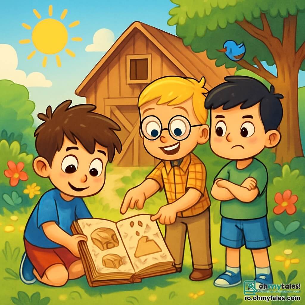 Există 3 personaje: 

- Alex: Un băiat de 8 ani, cu părul brun și ochi curioși. Poartă un tricou albastru și o pereche de pantaloni scurți roșii. Este așezat, examinând un caiet vechi găsit în iarbă. 

- Dan: Un băiat de 7 ani, cu părul blond și ochelari rotunzi. Poartă o cămașă cu carouri și pantaloni bej. Se află în picioare lângă Alex, arătând cu degetul o pagină din caiet cu un zâmbet mare. 

- Mihai: Un băiat de 8 ani, cu părul negru și pistrui pe față. Poartă un tricou verde și pantaloni scurți din blugi. Stă în picioare în spatele lui Alex și Dan, cu brațele încrucișate, privind cu nerăbdare descoperirea. 

Locul acțiunii este o grajd drăguț din lemn, înconjurat de verdeață luxuriantă. Flori colorate marginile căii, iar un copac mare cu frunze dense oferă umbră. Soarele strălucește, iluminând scena cu o lumină aurie. 

Principala situație a poveștii arată cei trei prieteni descoperind un caiet misterios în iarbă, plin de desene și enigme, pregătiți să plece într-o aventură pentru a găsi un tezaur ascuns. Sunt înconjurați de frumusețea naturii, cu păsări cântând în copaci și o atmosferă de excitație palpabilă.