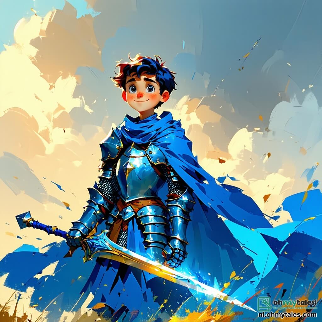 Een dappere ridster, Esmée, staat trots in het midden van de afbeelding, met een glinsterende harnas en een lange blauwe mantel die in de wind wappert. Haar gezicht straalt vastberadenheid uit, met heldere ogen en een zelfverzekerde glimlach. Ze houdt haar zwaard stevig in één hand, klaar om het onbekende onder ogen te zien. Naast haar staat een 12-jarige jongen, de boodschapper, met krullend haar en eenvoudige kleren, die Esmée bewonderend aankijkt. Hij houdt een oude kaart in zijn trillende handen, die de weg naar het hart van het mysterieuze bos aangeeft. De achtergrond is een betoverd bos, met majestueuze bomen met knoestige stammen en bladeren in een stralend groen, terwijl zonnestralen door het loof breken en lichte patronen op de grond creëren. Kleurrijke bloemen en magische paddenstoelen fleuren de ondergroei op en voegen een vleugje magie toe aan de omgeving. De belangrijkste situatie toont Esmée en de boodschapper die zich voorbereiden om het Verboden Woud binnen te gaan, een mysterieuze en onheilspellende plek waar avontuur en gevaar hen wachten. Schaduwen dansen tussen de bomen, wat de aanwezigheid van fantastische wezens suggereert, terwijl een lichte mist de grond omhult en de mysterieuze sfeer versterkt.