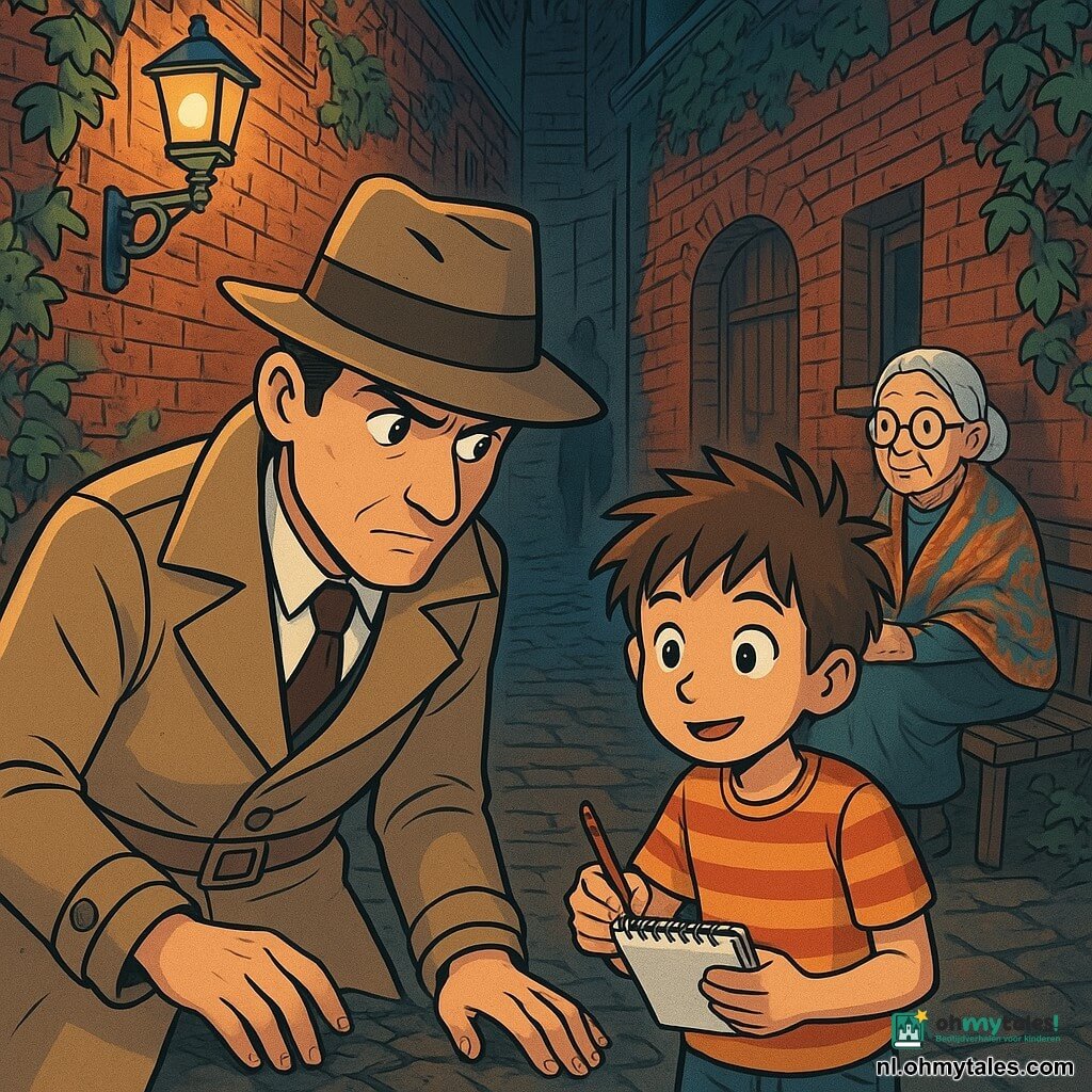 Een mannelijke detective van ongeveer veertig jaar, gekleed in een beige trenchcoat en een fedora, staat in een donkere steeg, met een pensieve en vastberaden uitstraling. Zijn ogen zijn scherp en oplettend, terwijl hij elk detail om zich heen in de gaten houdt. Naast hem staat een jonge jongen van ongeveer 10 jaar met tousled haar en een gestreept t-shirt, die nieuwsgierig kijkt en een klein notitieboekje in zijn handen houdt. Verderop zit een oude vrouw van ongeveer 70 jaar met ronde bril en een kleurrijke sjaal op een bank, terwijl ze de scène met een wijs gezicht gadeslaat. De steeg is smal, met vochtige bakstenen en rode bakstenen muren bedekt met klimop. Verouderde lantaarns verlichten de plek zwakjes, wat een mysterieuze sfeer creëert. Achterin staat een versleten houten deur op een kier, waardoor een vluchtige schaduw zichtbaar is. De belangrijkste situatie toont de detective die aanwijzingen op de grond onderzoekt, terwijl de jongen enthousiast aantekeningen maakt en de oude vrouw lijkt klaar om een geheim te delen, wat een extra vleugje mysterie aan het geheel toevoegt.