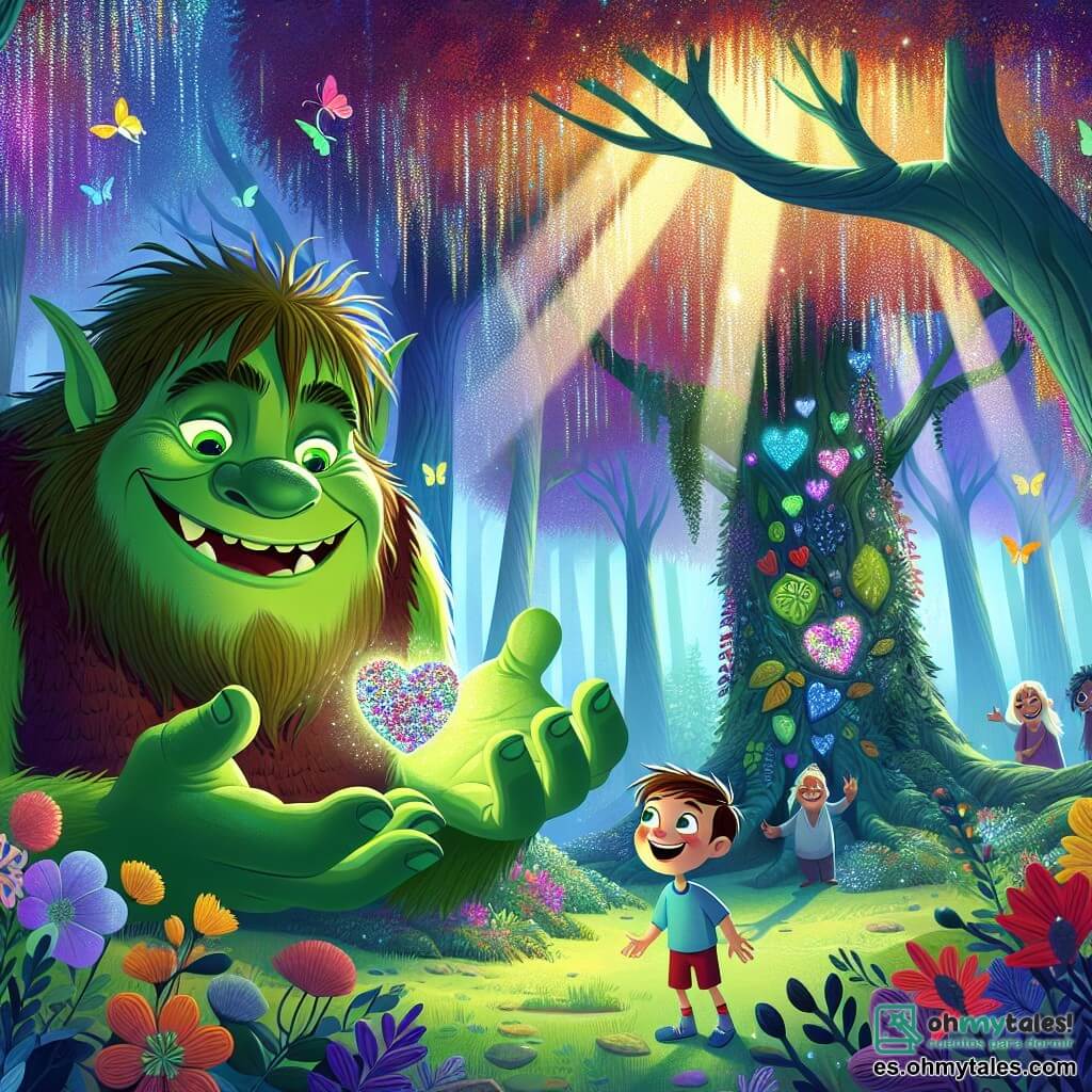 Un ogro amigable llamado Lolo, con grandes ojos verdes brillantes y una amplia sonrisa, se encuentra en el centro de la escena, rodeado de grandes árboles con hojas coloridas que brillan como gemas. Lolo tiene piel verde y cabello marrón desordenado, y tiende la mano hacia un niño llamado Mateo, de unos 8 años, que mira el talismán en forma de corazón con asombro. Mateo tiene cabello castaño, ojos brillantes y lleva una camiseta azul y un pantalón corto rojo, estando al lado de Lolo, ambos irradiando alegría. El lugar es el Bosque de los Sueños, un sitio mágico con árboles altos y majestuosos, cuyas hojas brillan en tonos de violeta, naranja y azul. Flores de colores vivos rodean el suelo, y un suave rayo de luz filtra a través de las ramas, creando una atmósfera de ensueño. La situación principal muestra a Lolo y Mateo descubriendo juntos el talismán de la amistad, con mariposas coloridas volando a su alrededor, mientras un arroyo cristalino murmura de fondo, añadiendo un toque de magia a este momento preciado.